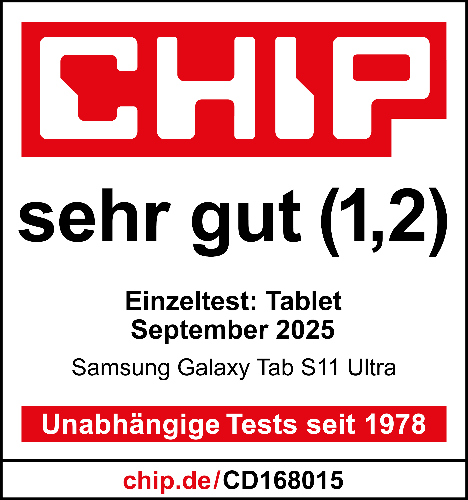 CHIP Logo, "sehr gut (1,2)", Tablet-Test, Samsung Galaxy Tab S11 Ultra.
