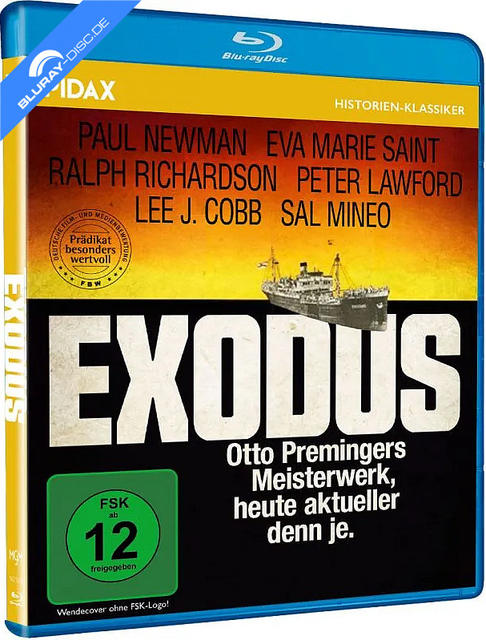 Blu-ray Cover für 'Exodus' mit Paul Newman, FSK 12 Siegel und einem Schiff.