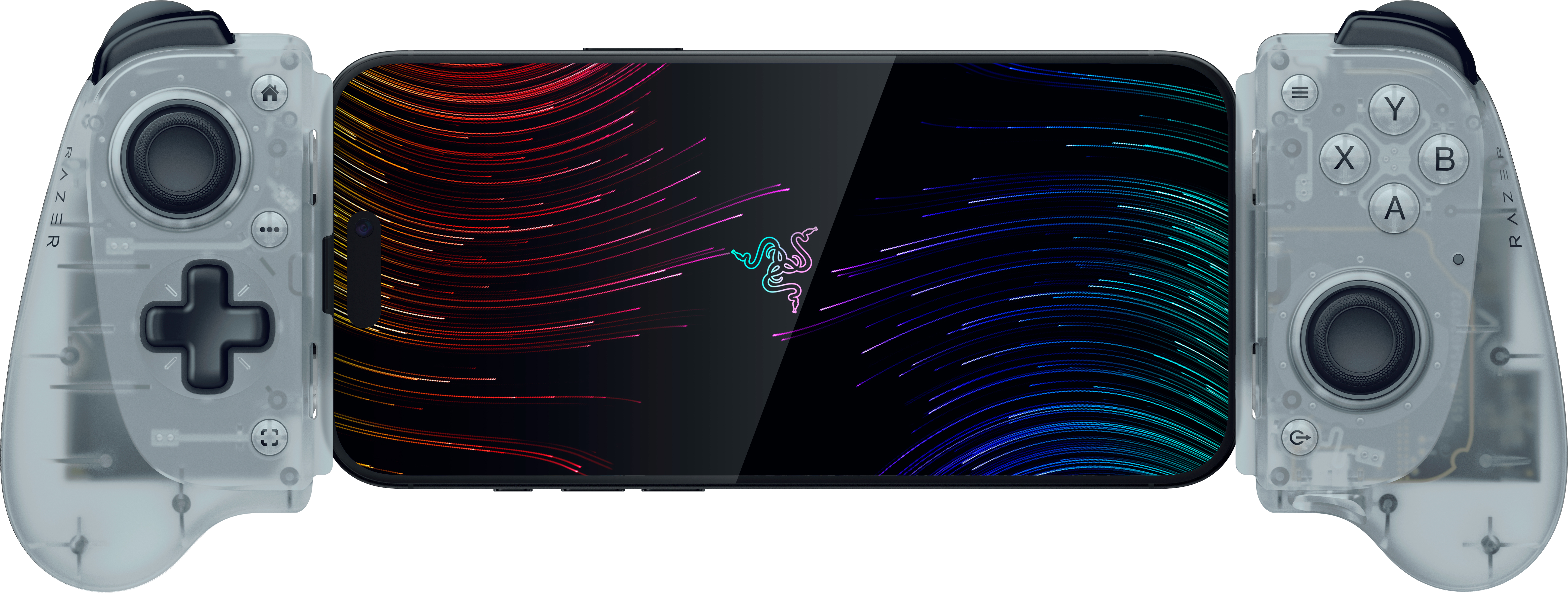 Razer logosunu gösteren şeffaf kumanda aparatlı bir akıllı telefon.