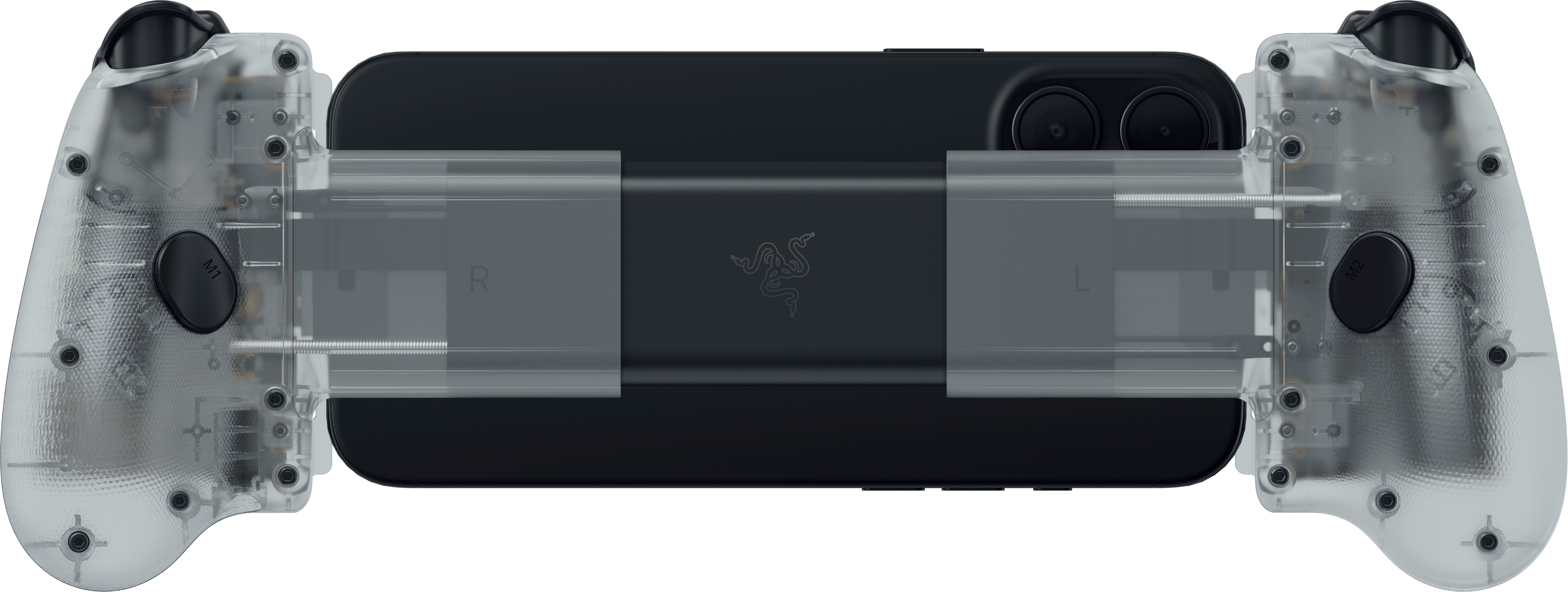 Siyah telefonlu şeffaf kontrolcü, Razer logosu.
