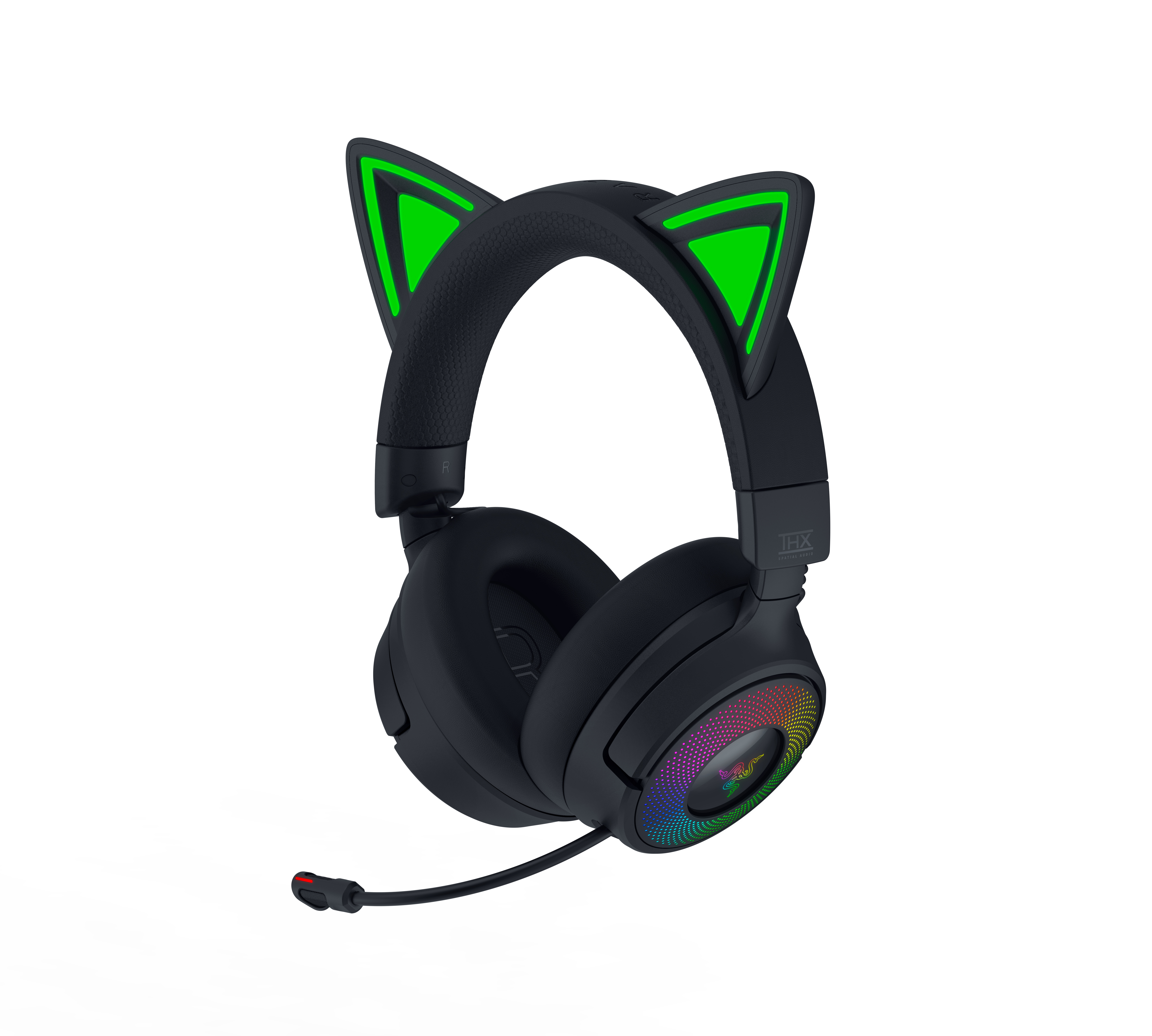 Yeşil kedi kulaklı ve RGB aydınlatmalı siyah kulaklık.