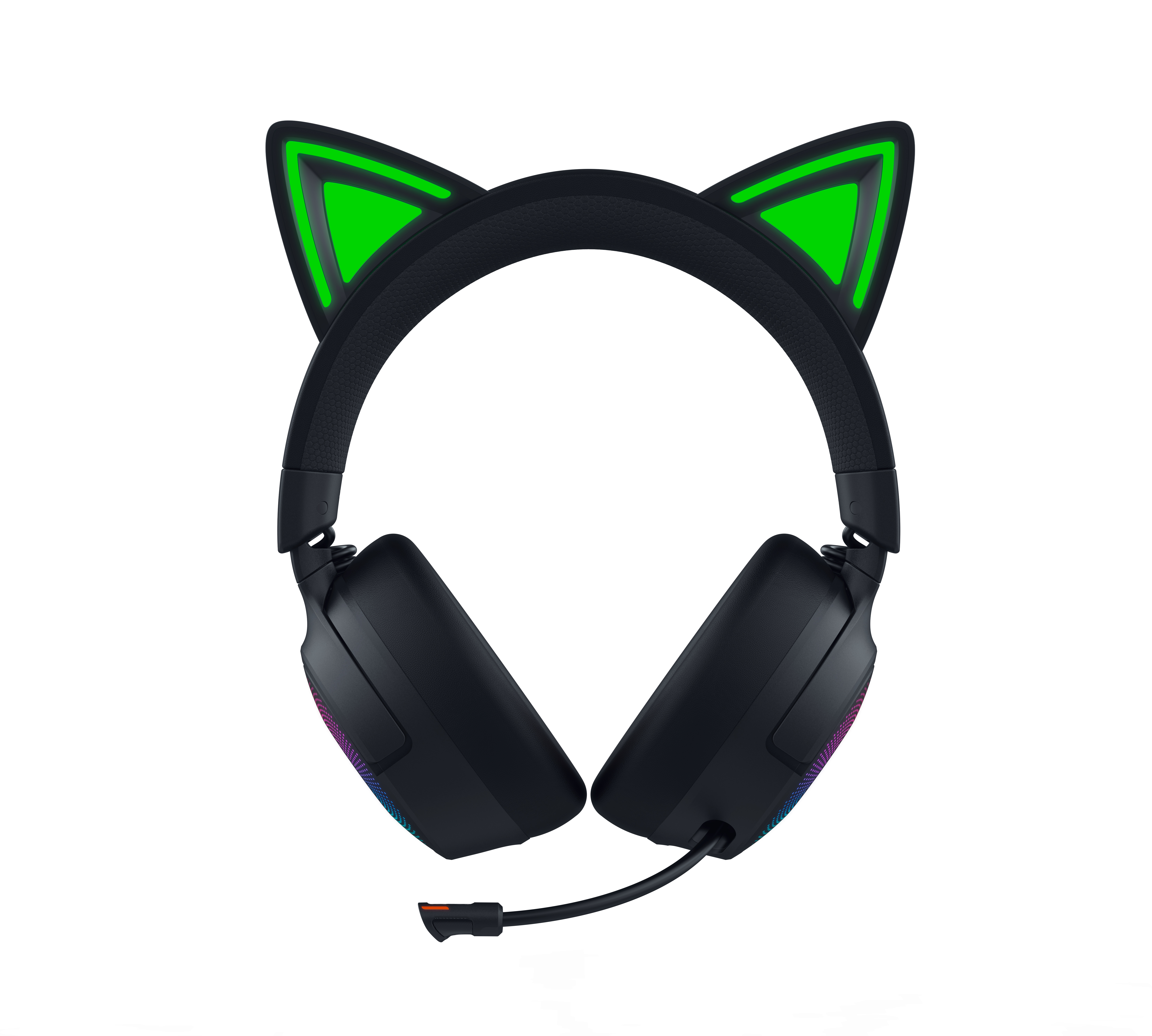 Parlak yeşil kedi kulaklı ve RGB aydınlatmalı siyah kulaklık.