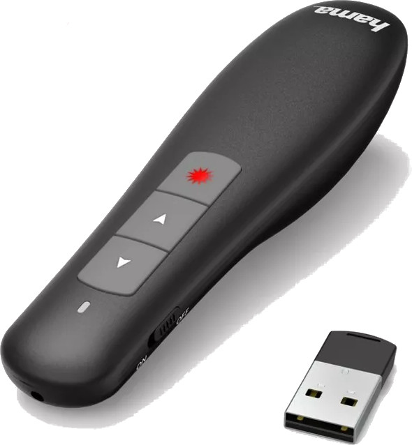 Czarny prezenter z czerwonym światłem laserowym, przyciskami strzałek i odbiornikiem USB.