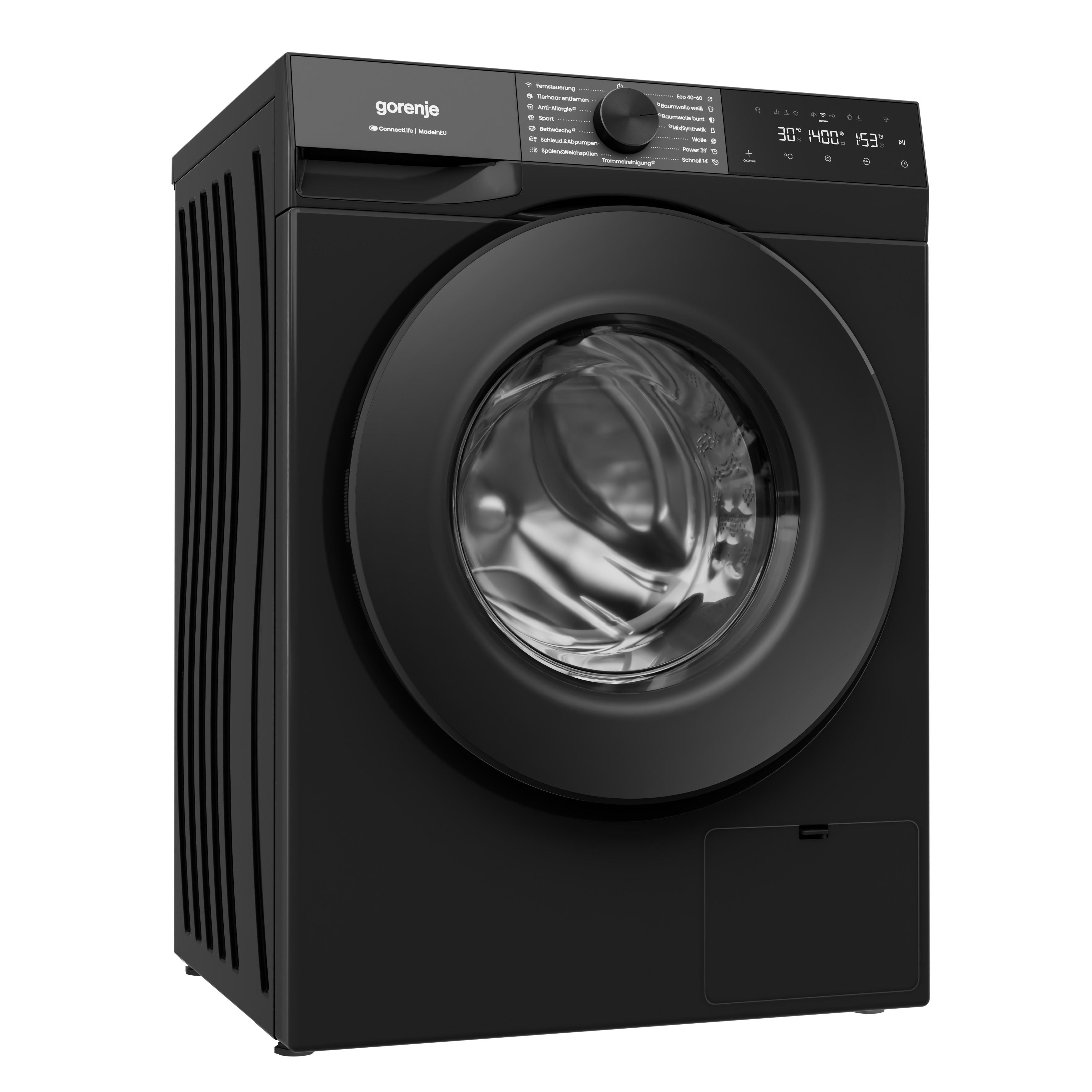 Schwarze Gorenje Waschmaschine mit runder Tür und digitalem Display.