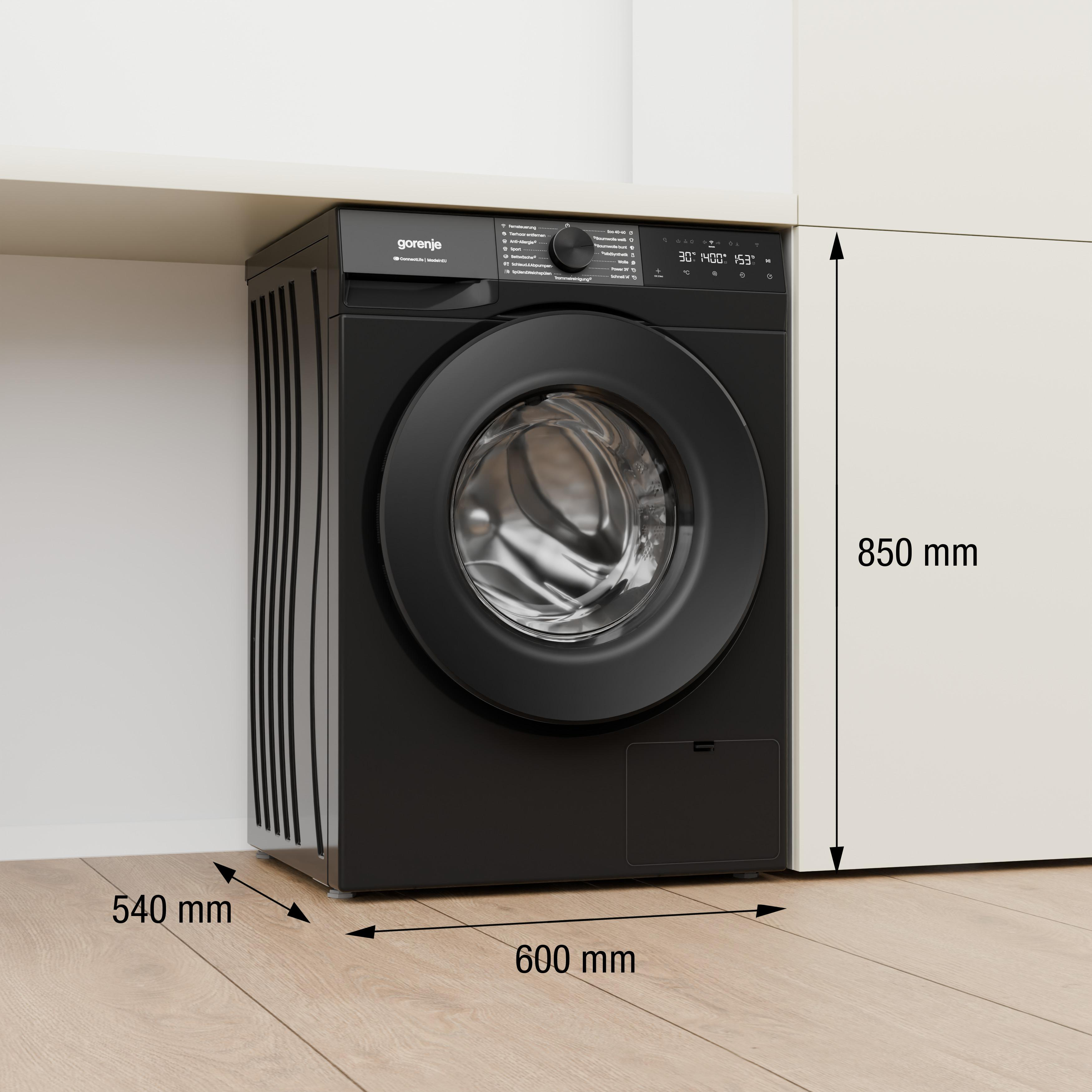 Schwarze Gorenje Waschmaschine mit Frontlader, Maße 60x54x85 cm.