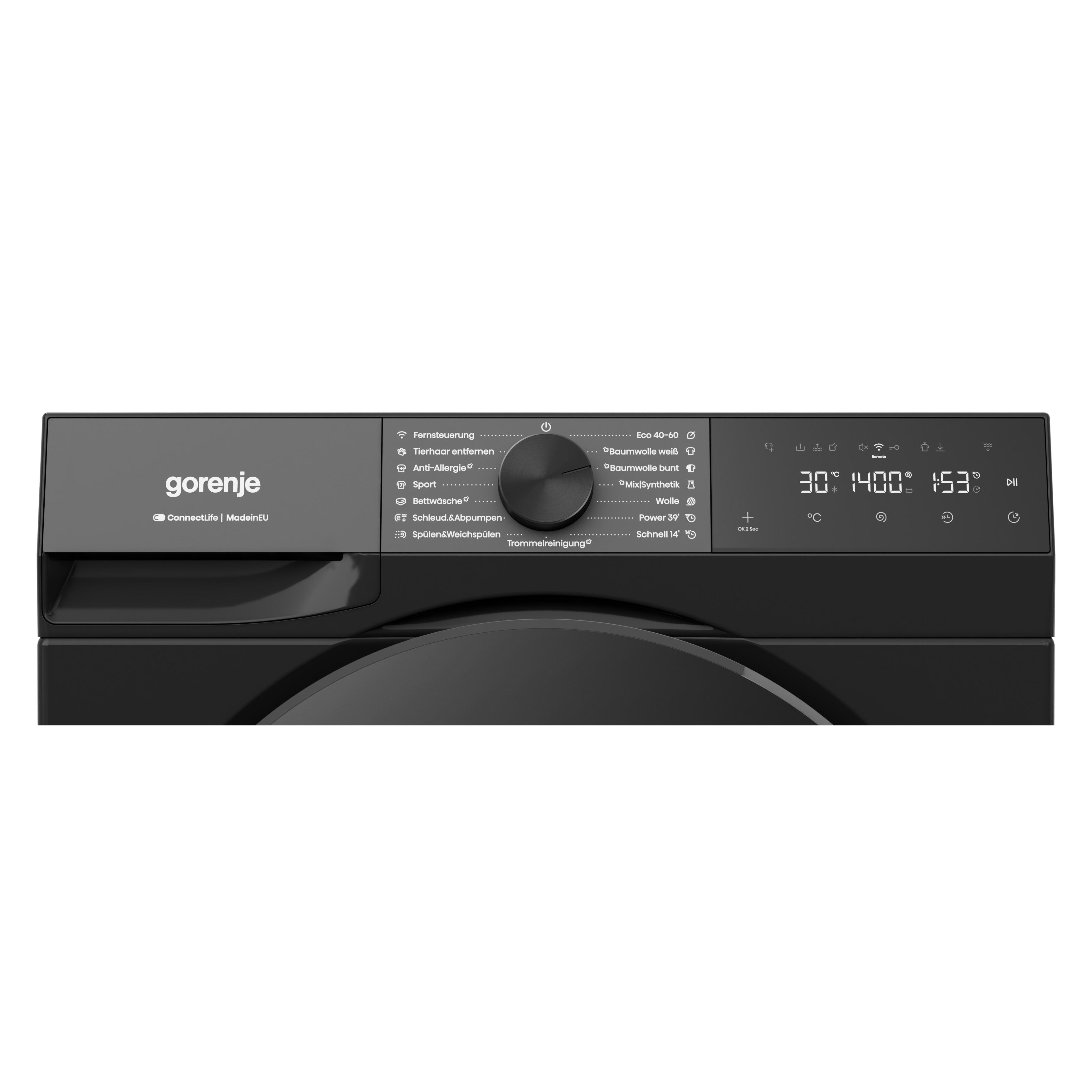 Ein schwarzes Bedienfeld einer Waschmaschine mit digitalen Anzeigen und Programmauswahl.