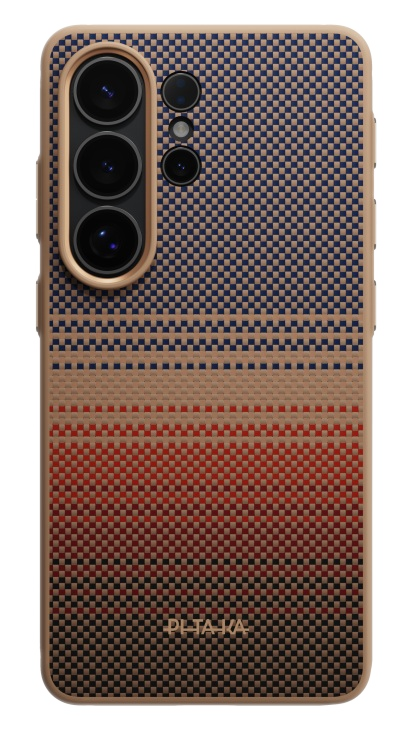 Etui na telefon z wzorem w kratę w kolorze niebieskim, czerwonym i beżowym.