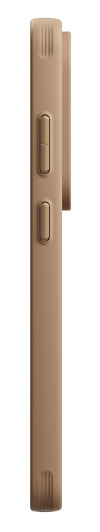 Zbliżenie brązowego etui na telefon z przyciskami głośności.