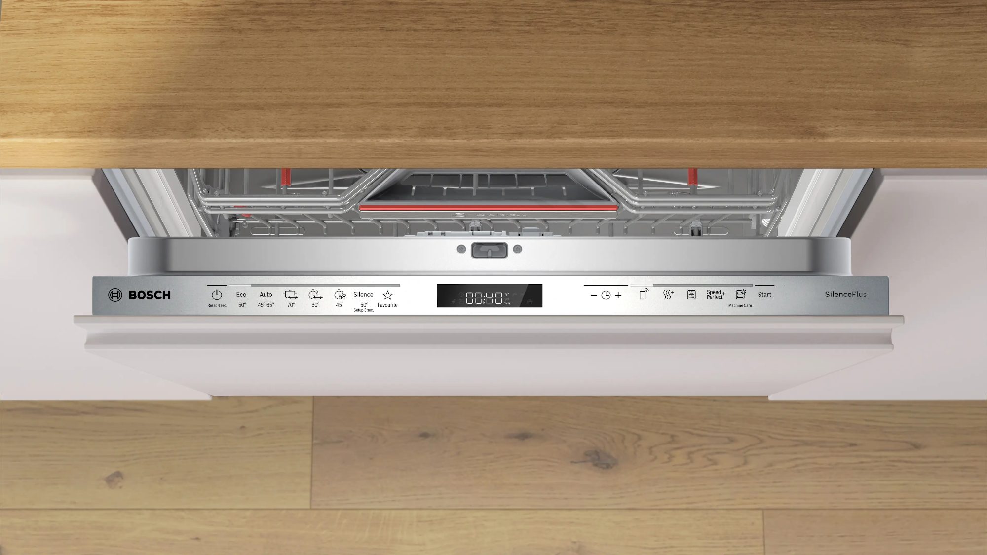 Bosch beépíthető mosogatógép kezelőpanel programokkal és időzítővel.