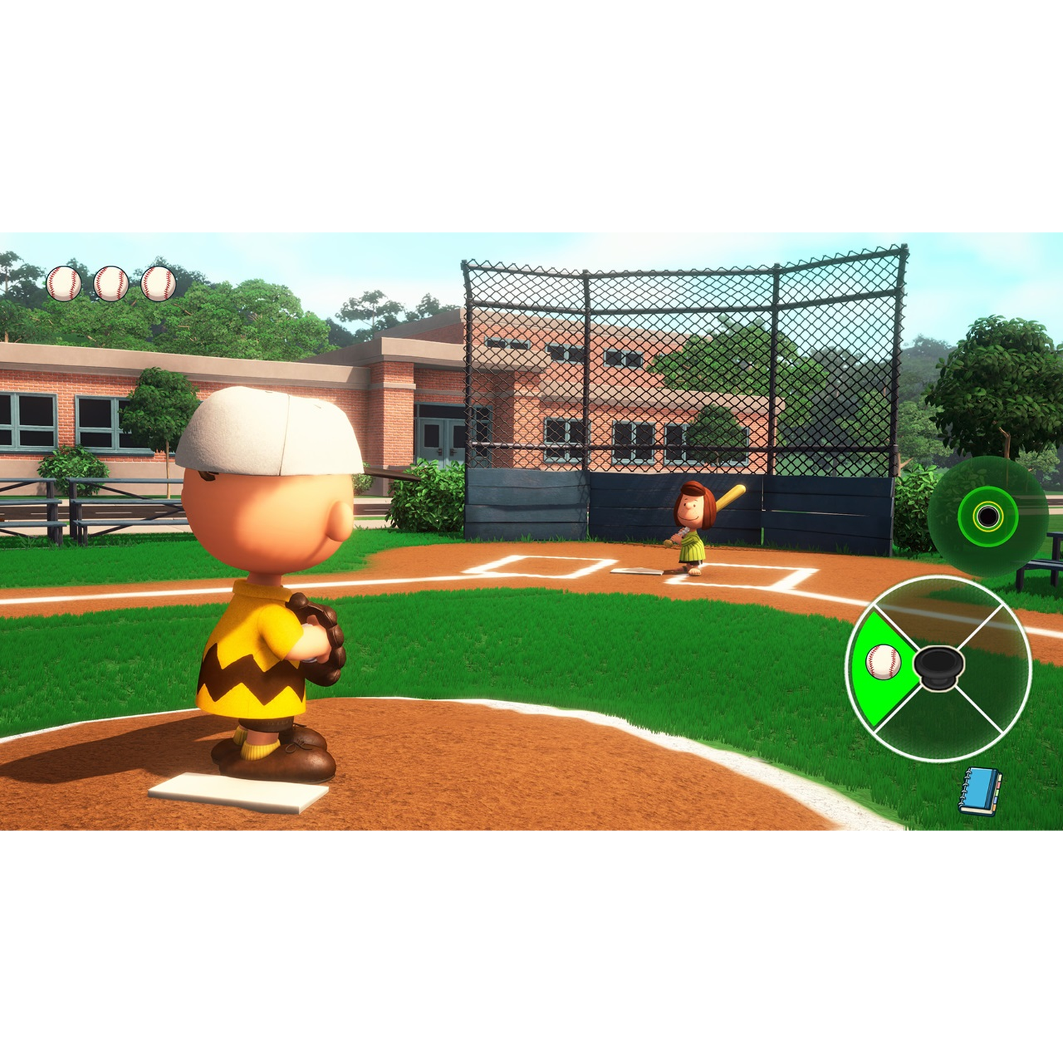 Charlie Brown pitches a baseball as a batter swings in a game.