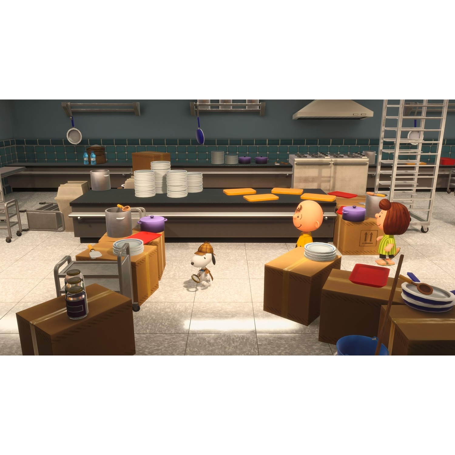 Snoopy in detectivehoed inspecteert dozen in een rommelige keuken met Charlie Brown en Marcy.