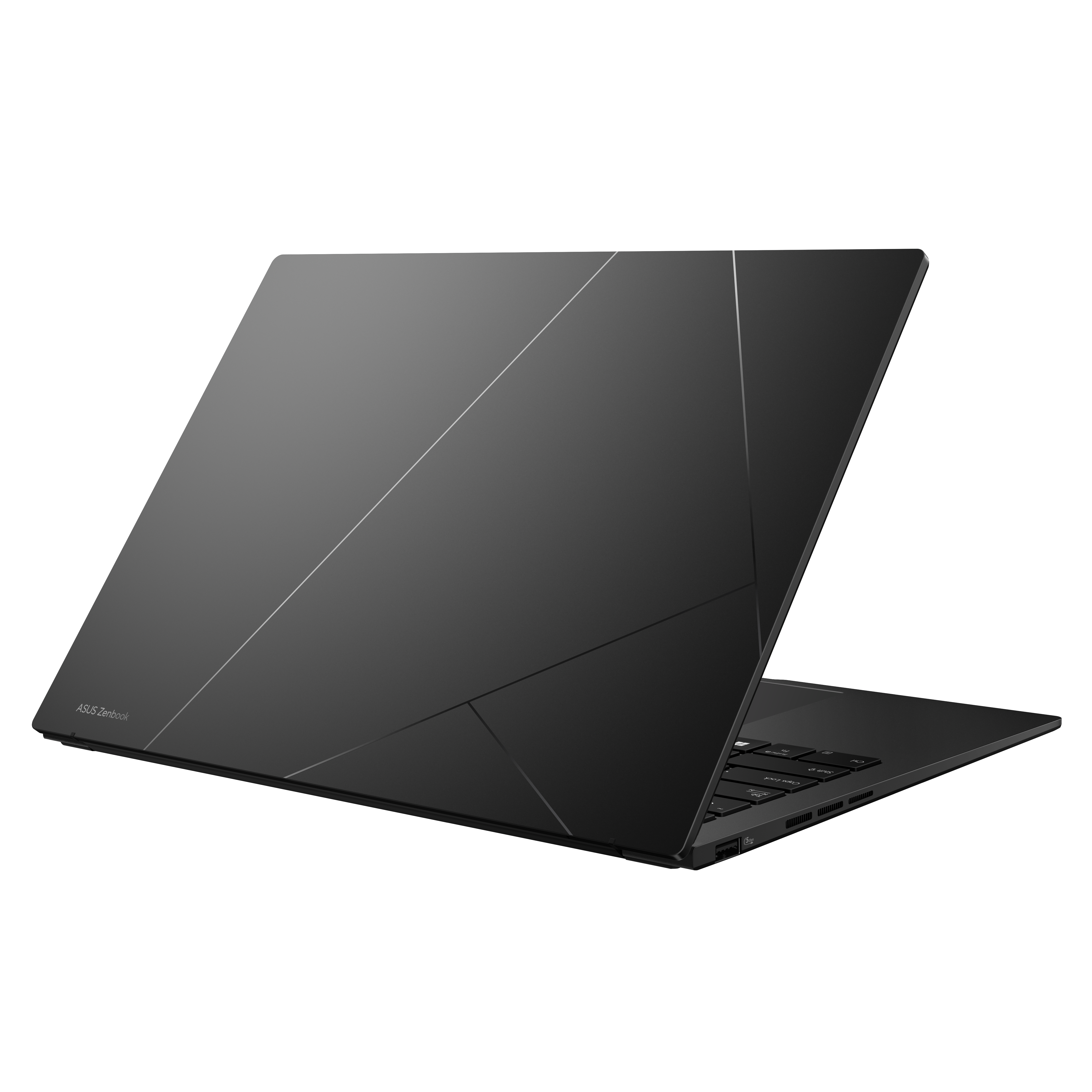 Ein schwarzer Asus Zenbook Laptop ist geöffnet, mit geometrischen Linien auf dem Deckel.
