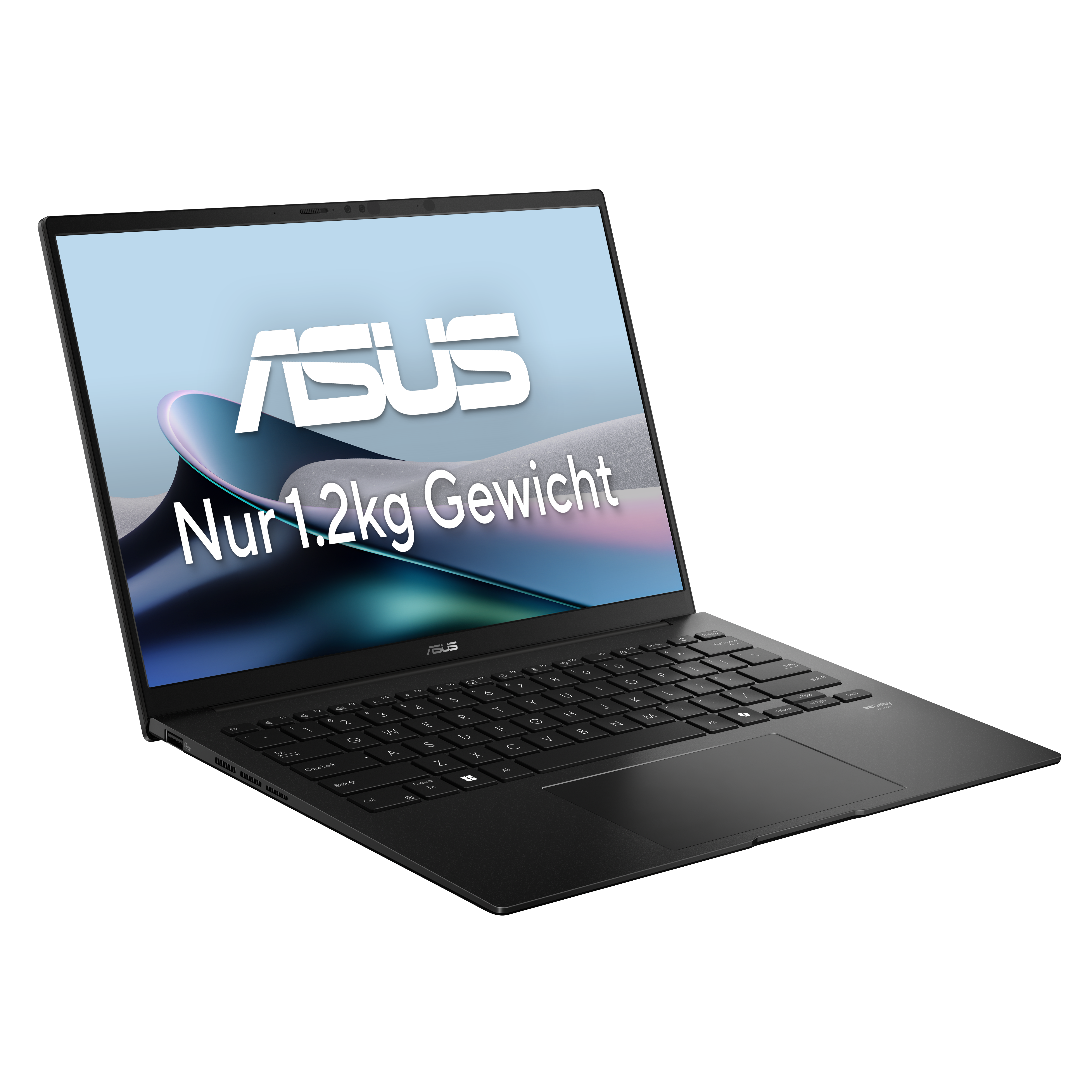 Schwarzer Laptop mit beleuchtetem ASUS-Logo und "Nur 1.2kg Gewicht" Schriftzug.