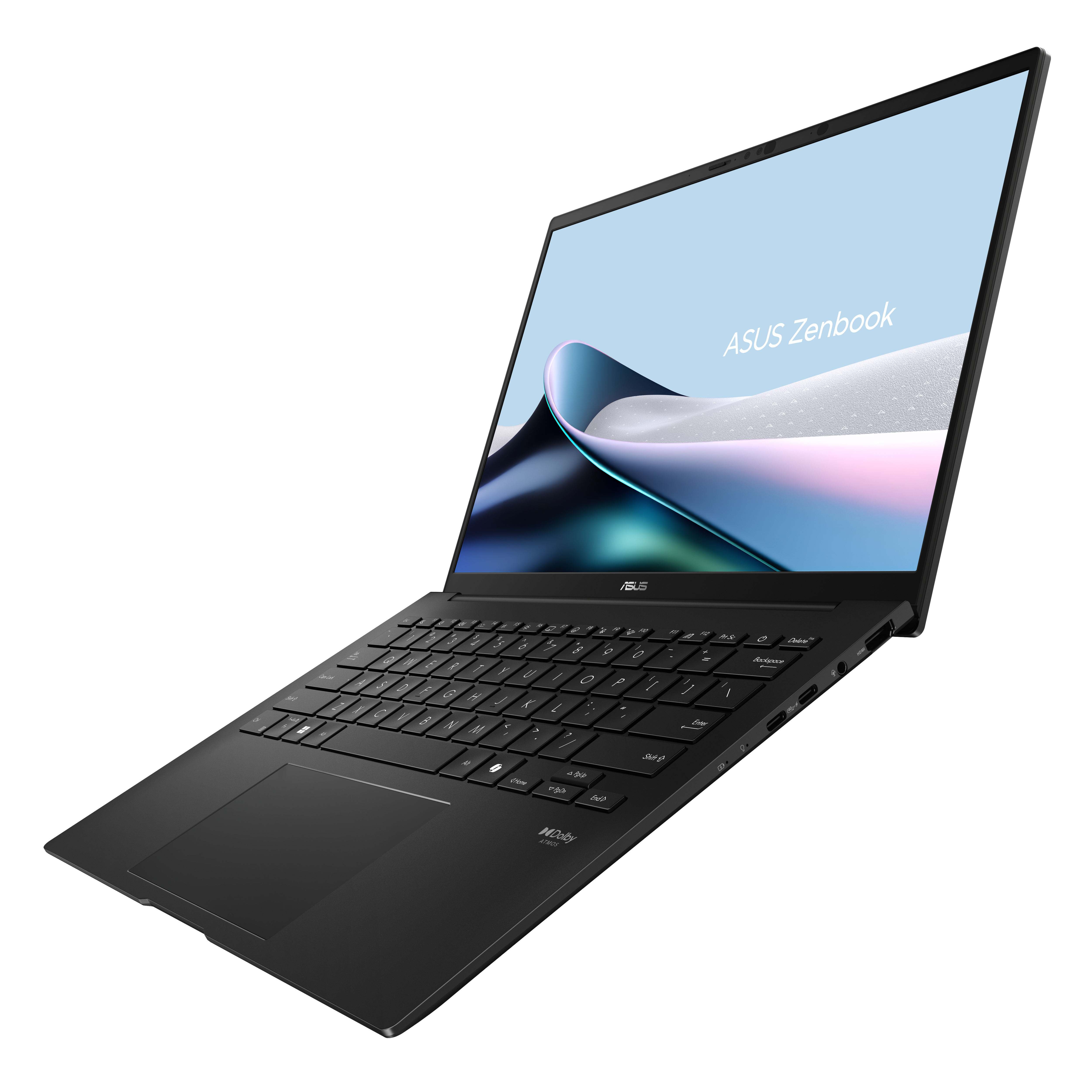 Schwarzer Asus Zenbook Laptop mit beleuchteter Tastatur und buntem Hintergrundbild.