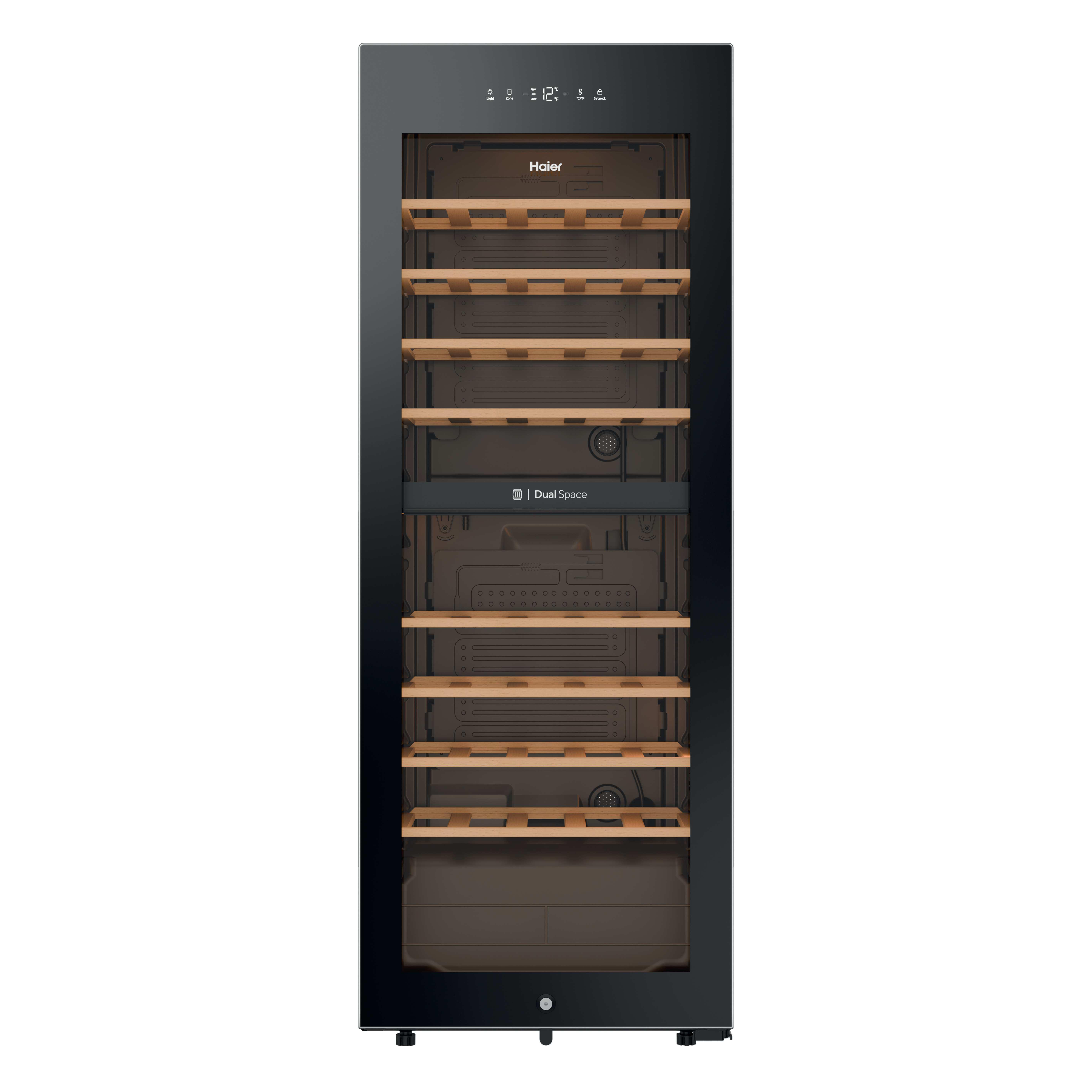 Ein schwarzer Haier Weinkühlschrank mit Holzböden und digitaler Anzeige.