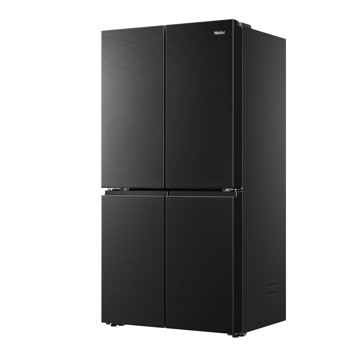 Un frigorifero nero Haier a quattro porte su sfondo bianco.