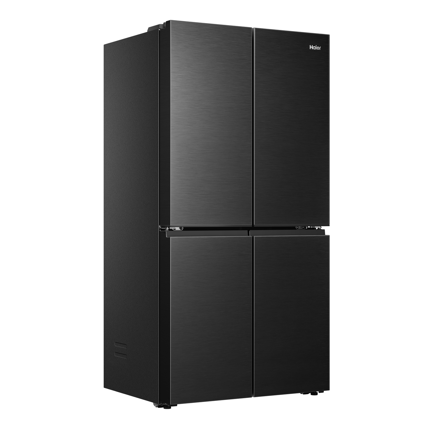 Frigorifero nero a quattro porte con finitura spazzolata. Logo Haier in alto a destra.