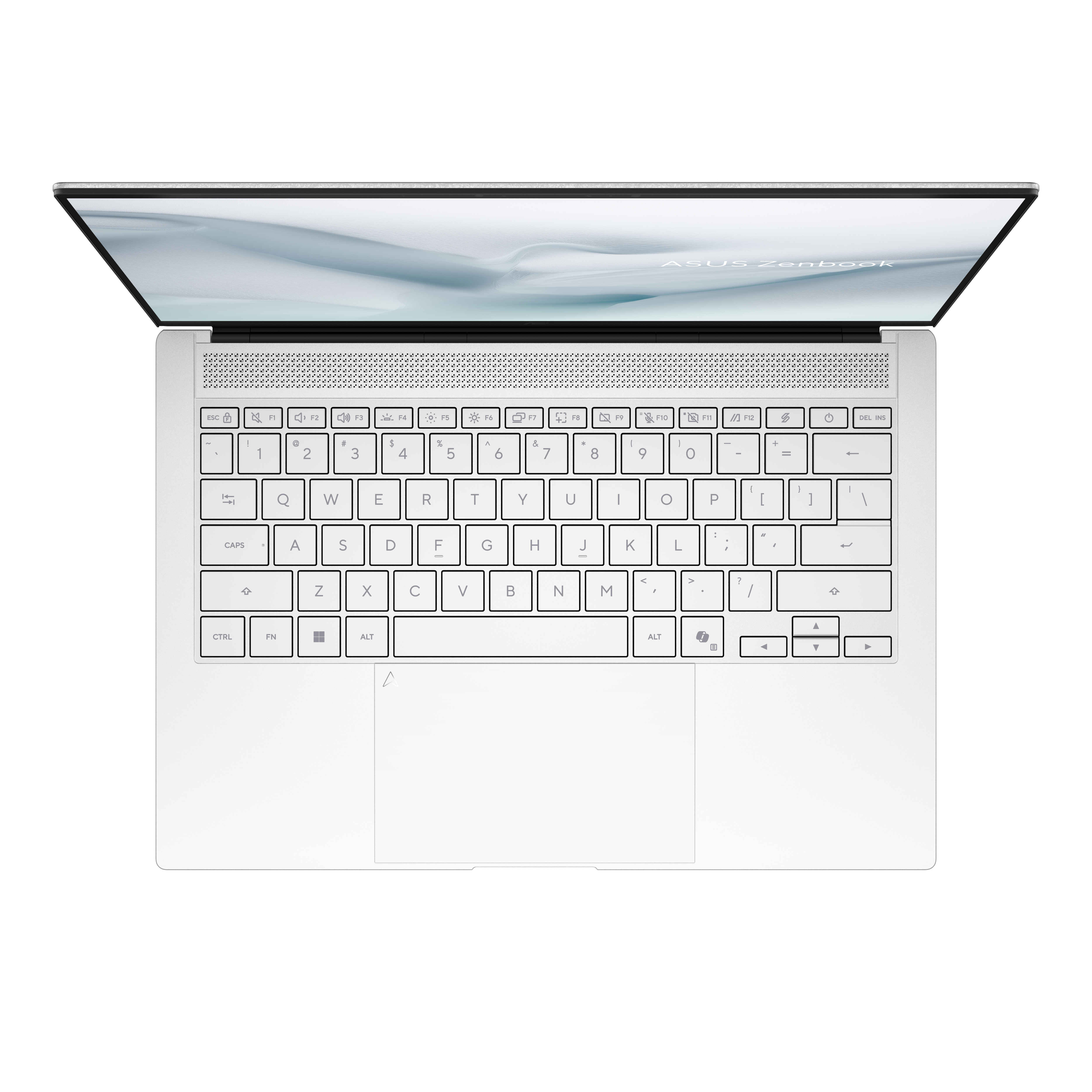 Ein offenes silbernes Asus Zenbook Laptop mit beleuchteter Tastatur.
