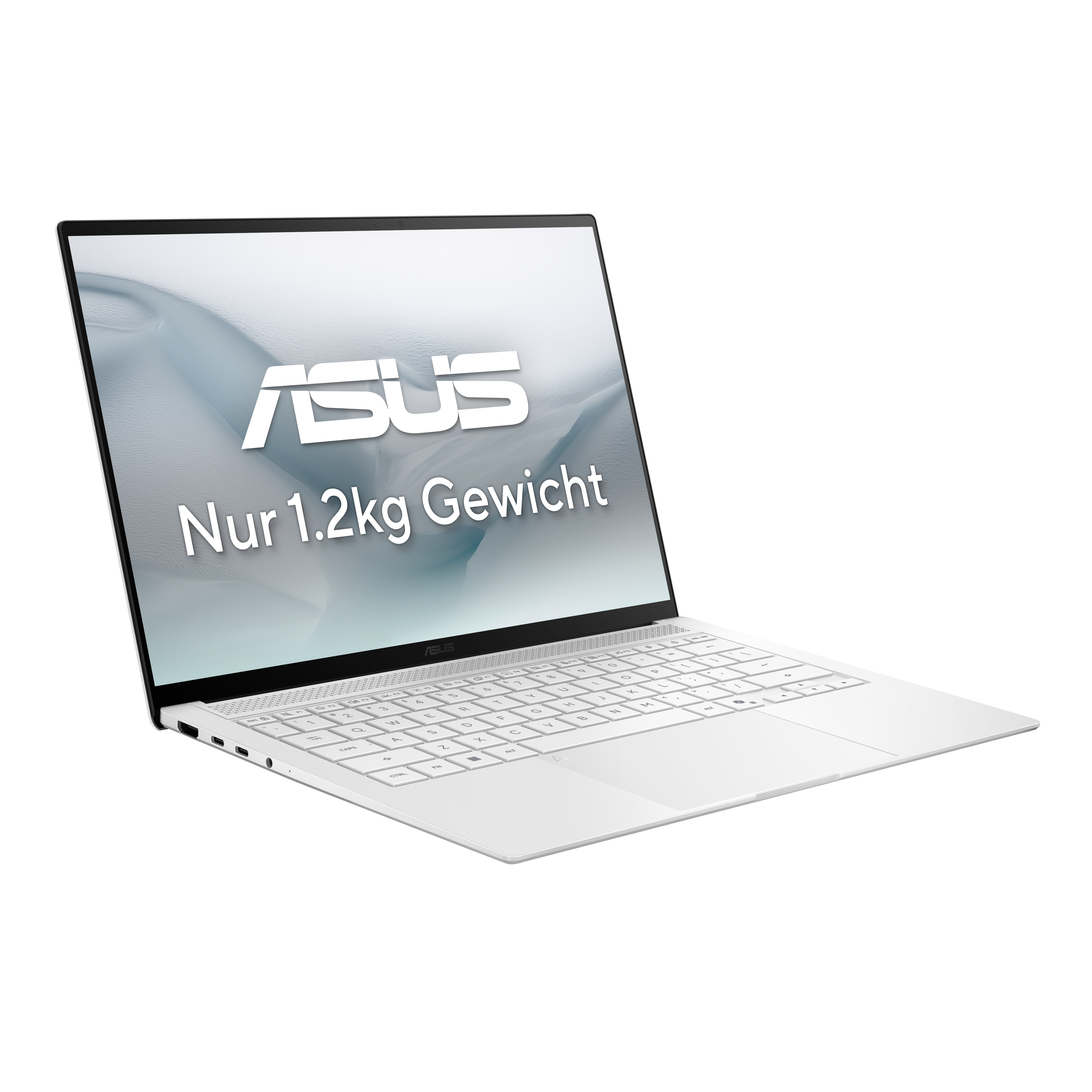 Weißes Asus Notebook mit "Nur 1.2kg Gewicht" Schriftzug auf dem Bildschirm.