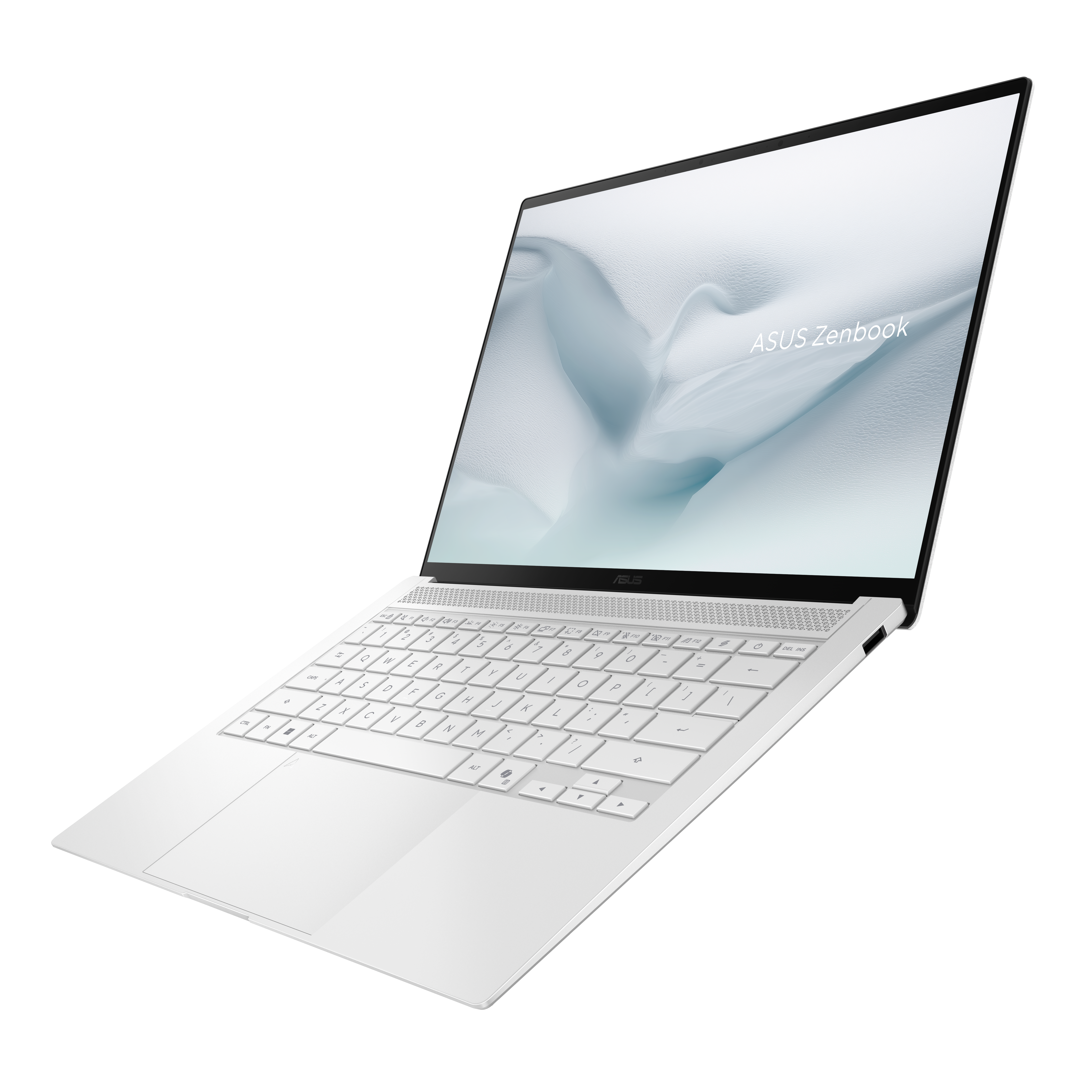 Ein offener weißer Asus Zenbook Laptop mit beleuchteter Tastatur auf weißem Hintergrund.