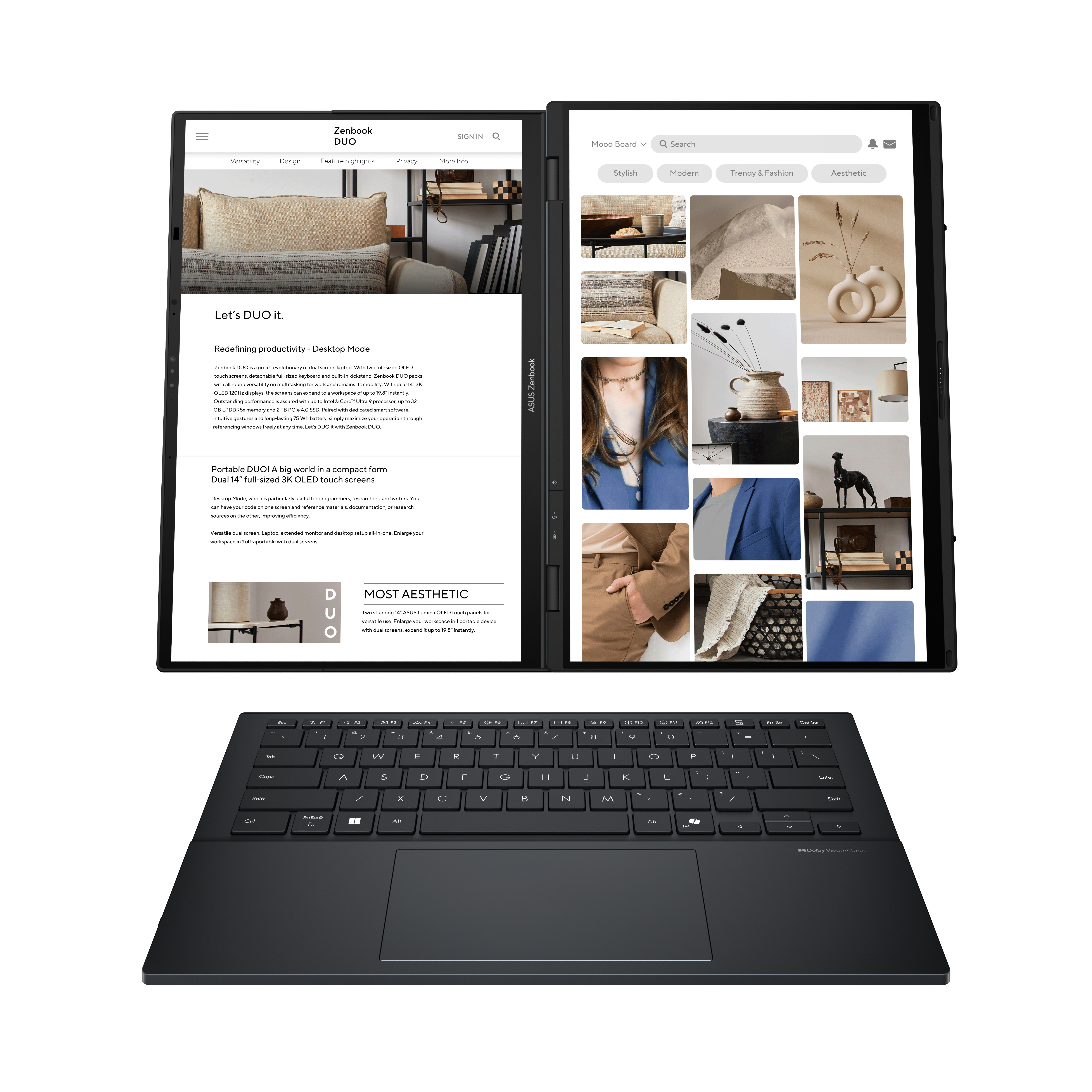 Ein Asus Zenbook Duo Laptop mit zwei Bildschirmen und Tastatur.