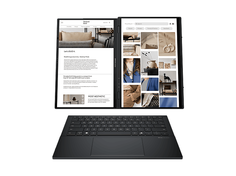 ASUS Zenbook Duo UX8406CA-QL331W Intel Core Ultra 9 285H Hybrid (2-in-1) 35,6 cm (14") Touchscreen WUXGA 32 GB LPDDR5x-SDRAM 1 TB SSD Wi-Fi 7 (802.11be) Windows 11 Home Deutsch Grau