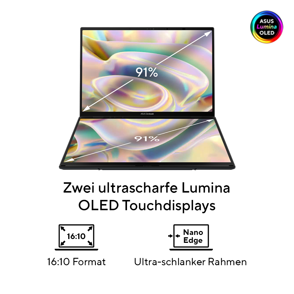 Ein offenes ASUS Zenbook mit zwei Displays, 91% Bildschirmränder.