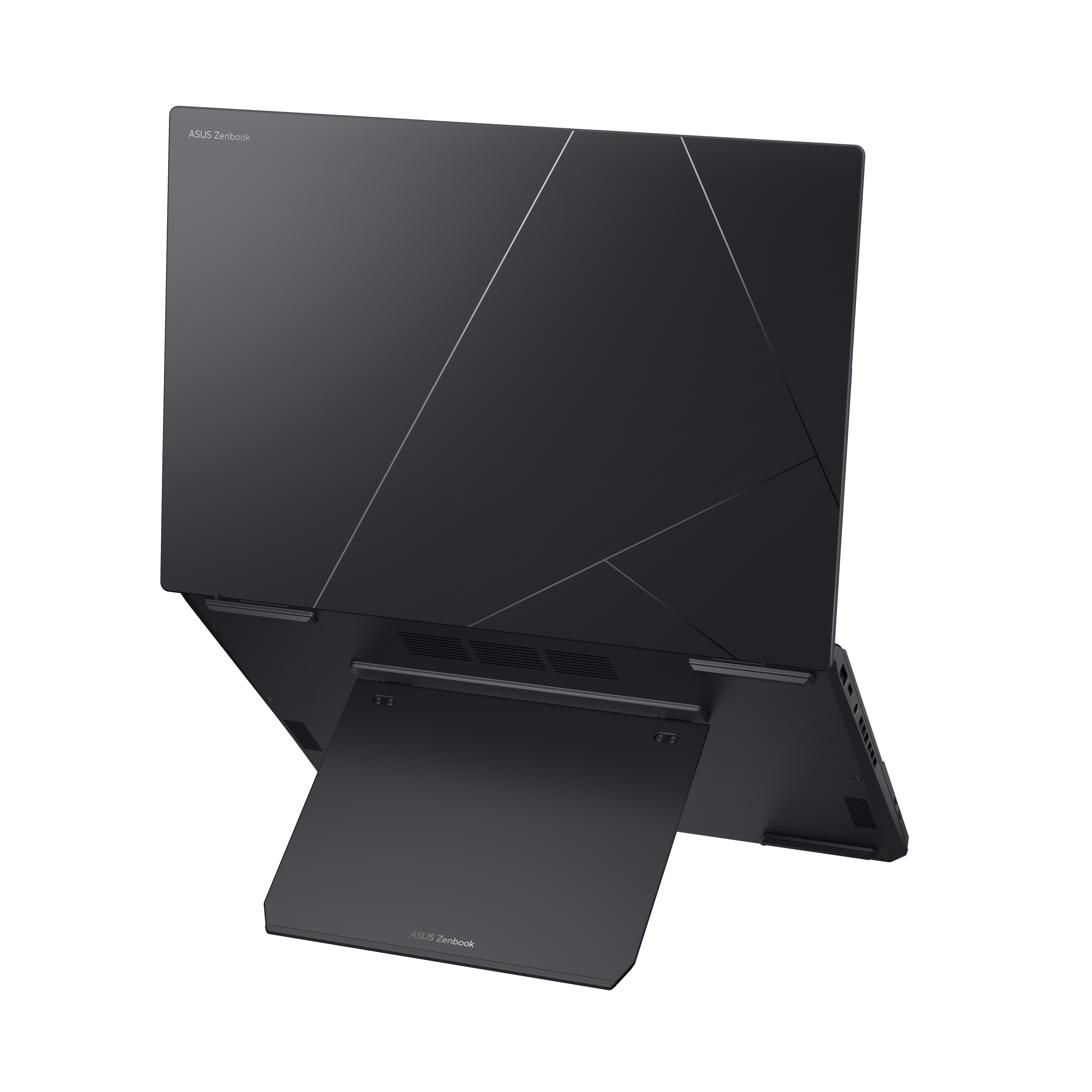 Grauer Asus Zenbook Laptop mit ausklappbarem Ständer, schwarzer Hintergrund.