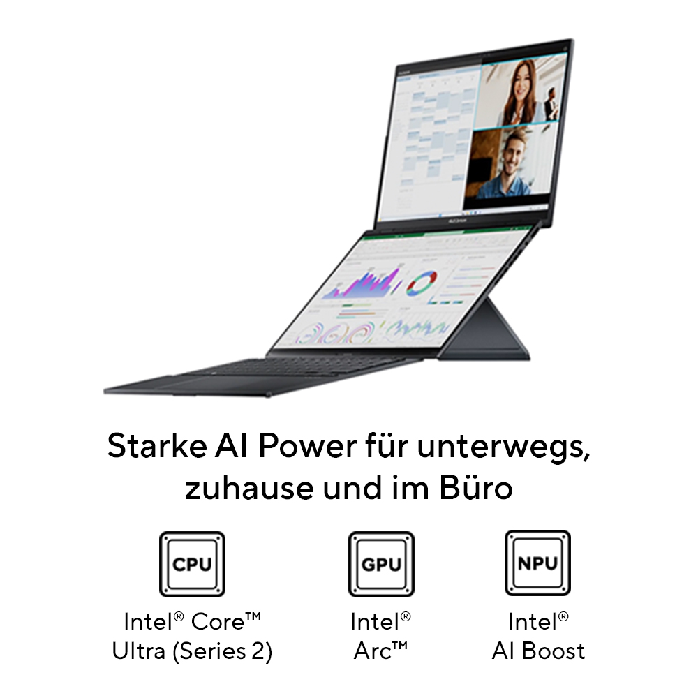 Ein moderner Laptop mit zwei Bildschirmen zeigt eine Videokonferenz und Diagramme.