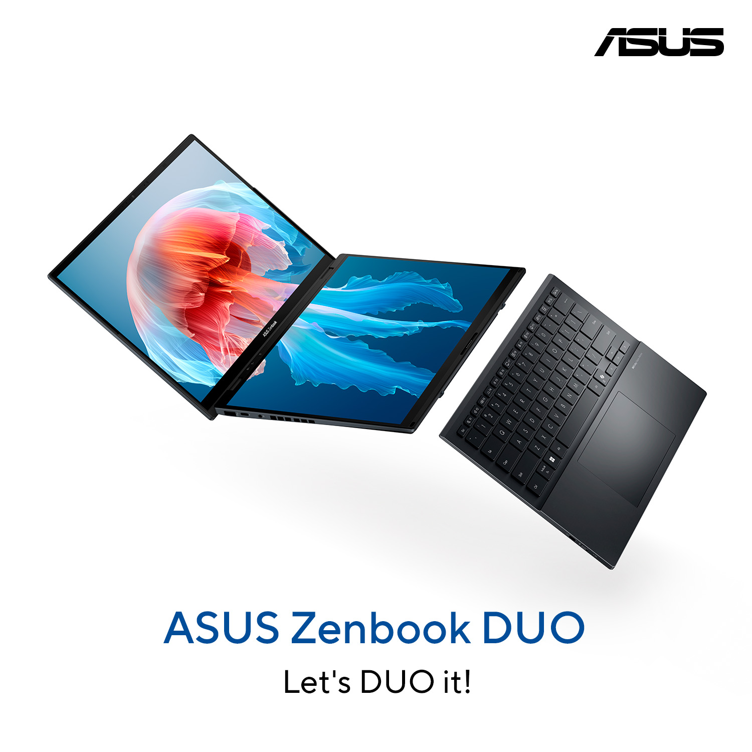 Ein schwarzes ASUS Zenbook DUO mit zwei Bildschirmen, die bunte Bilder zeigen.