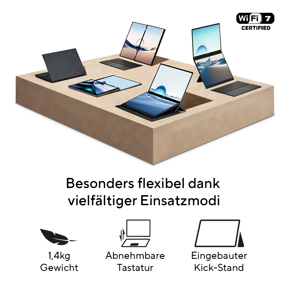 Mehrere Laptops in verschiedenen Modi auf einer beige-farbenen Oberfläche. Wi-Fi 7.