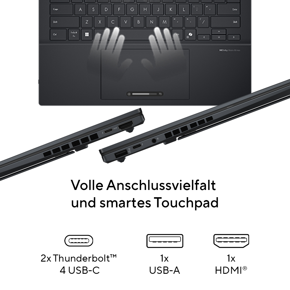 Laptop-Anschlüsse: 2x Thunderbolt, 4x USB-C, 1x USB-A, 1x HDMI. Touchpad.