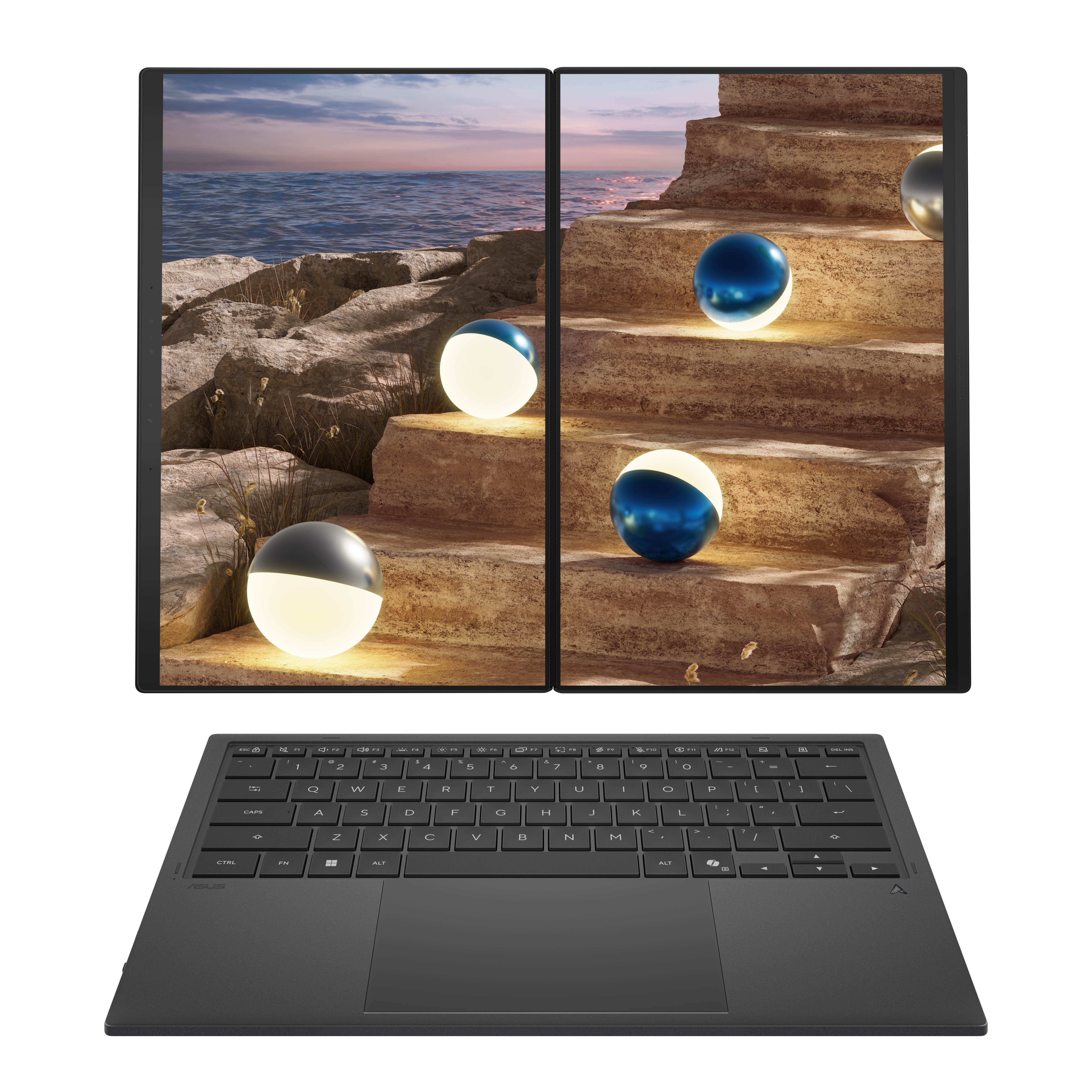 Ein faltbares Laptop-Display zeigt eine Küstenszene mit leuchtenden Kugeln und eine Treppe.