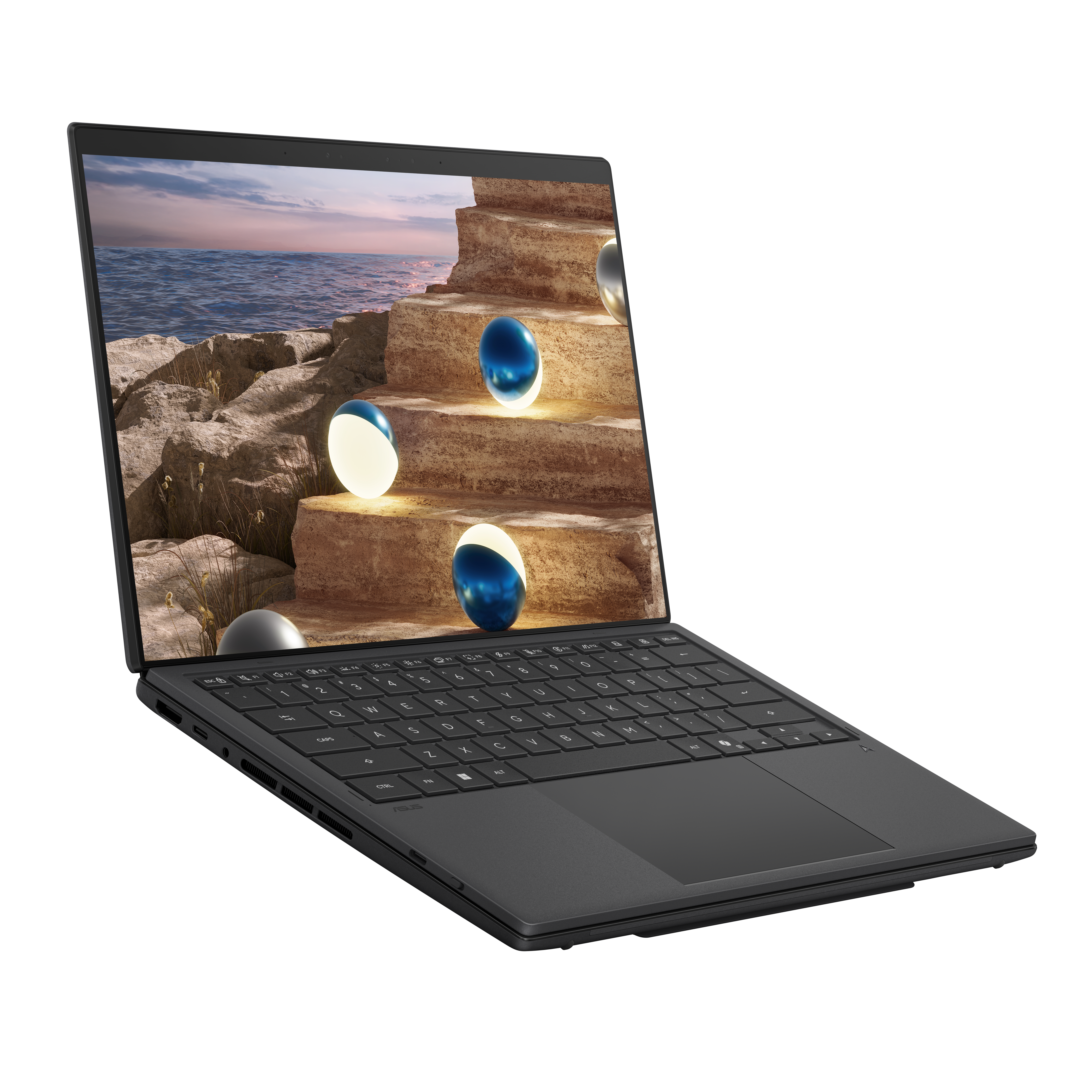 Ein offener Laptop zeigt eine Treppe mit Kugeln am Meer. Grauer Hintergrund.