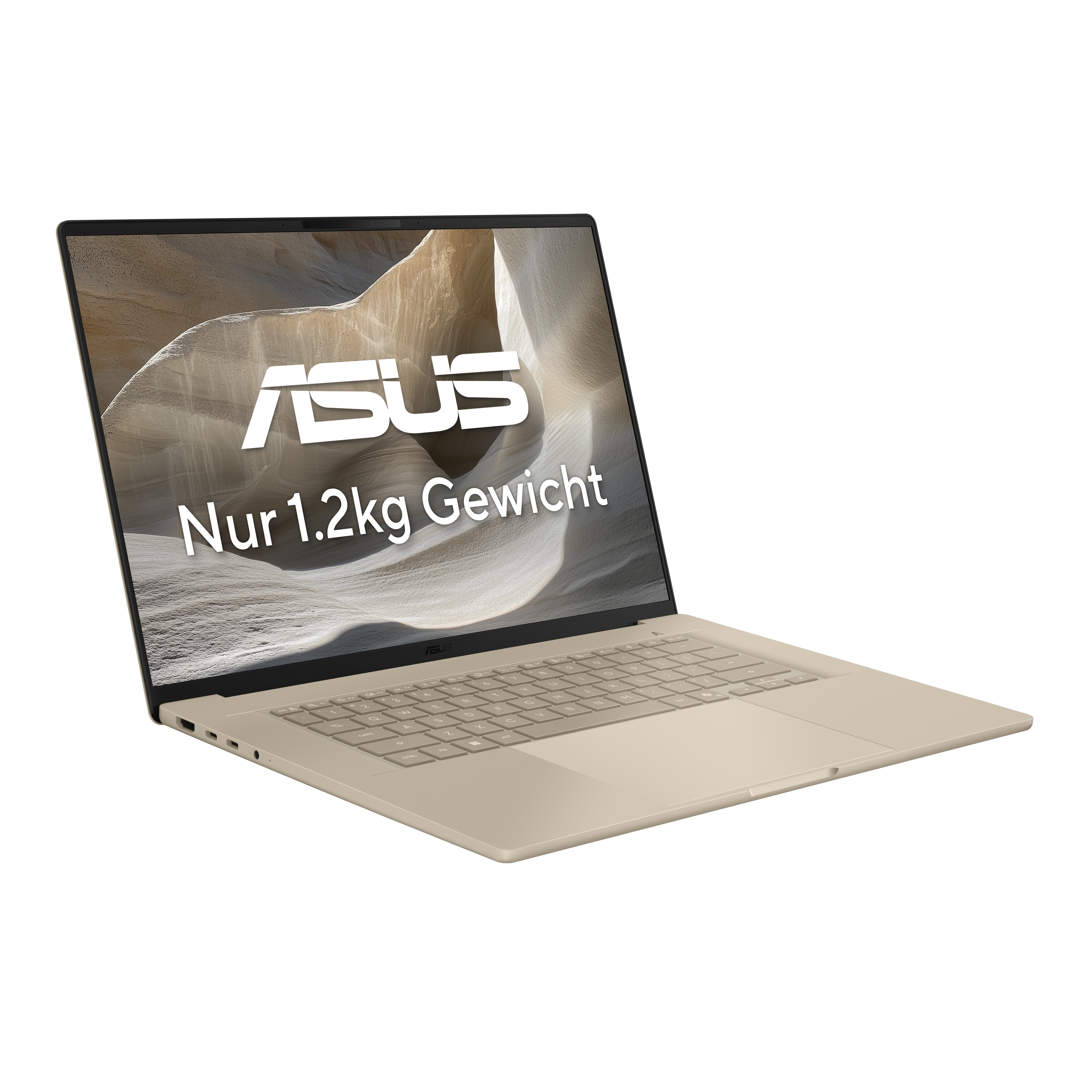 Ein hellbeiger Asus Laptop mit Tastatur und Bildschirm, der nur 1,2 kg wiegt.