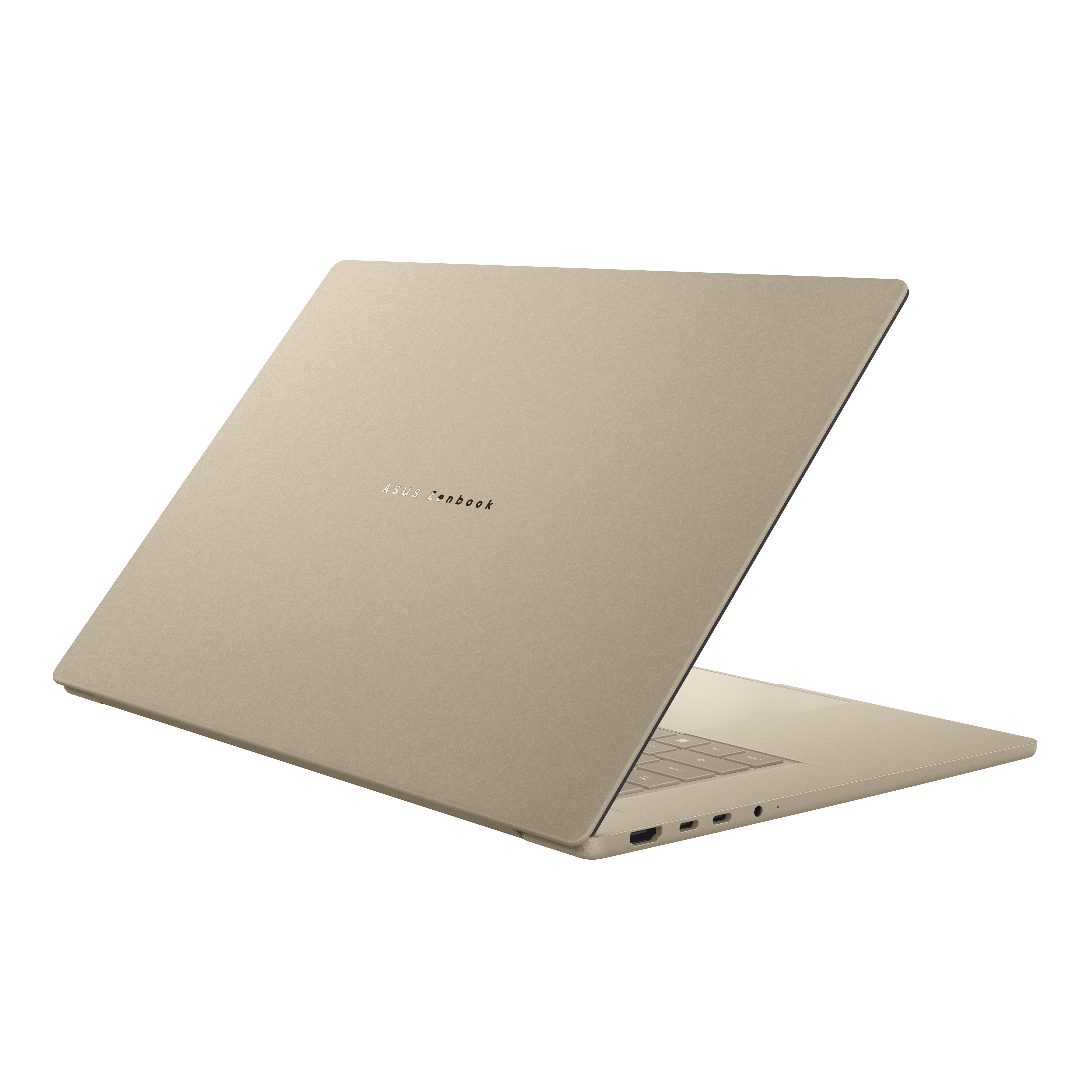 Ein goldfarbener ASUS Zenbook Laptop, von hinten und schräg gezeigt, mit geöffnetem Deckel.