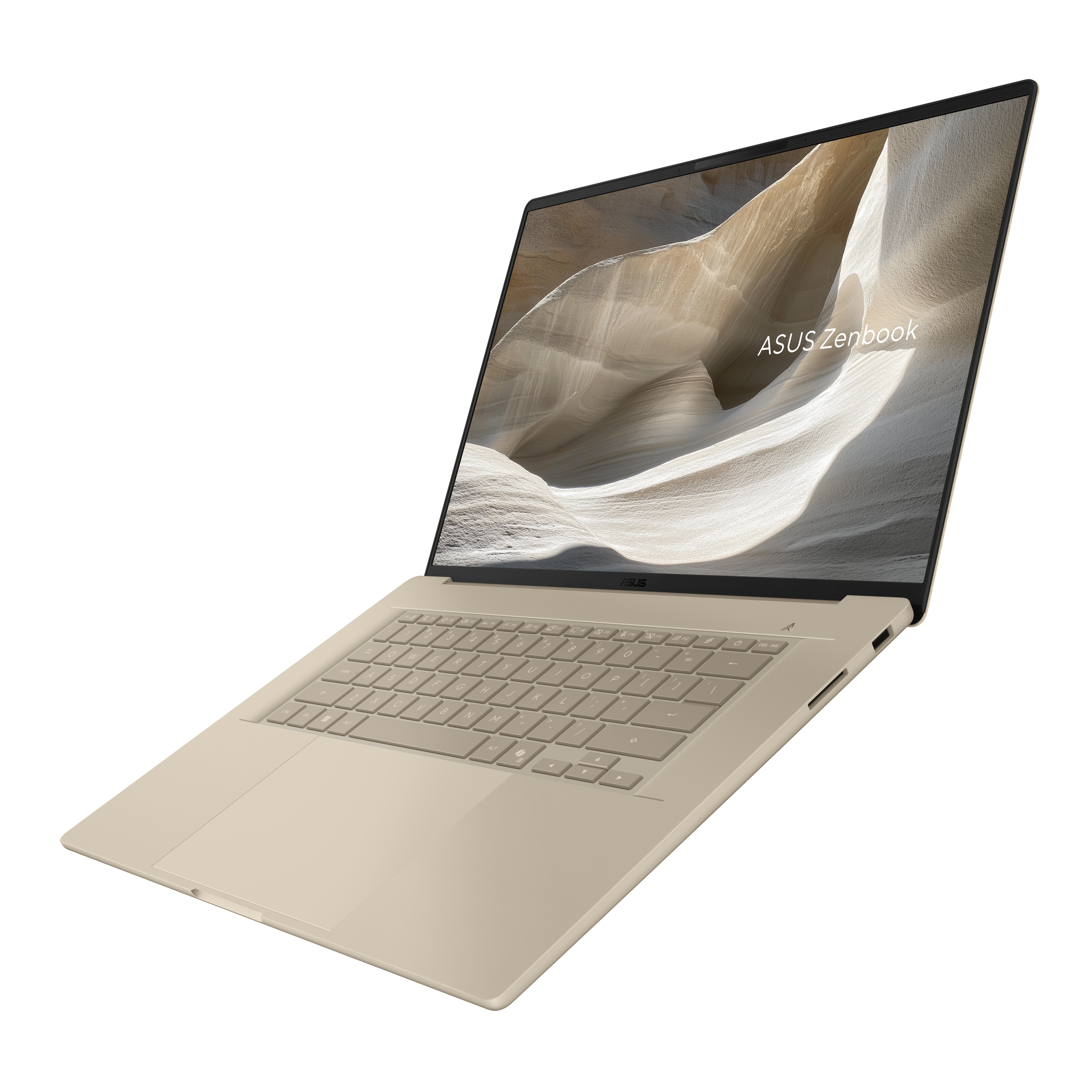 Ein offener, goldener ASUS Zenbook Laptop mit Tastatur und Touchpad.