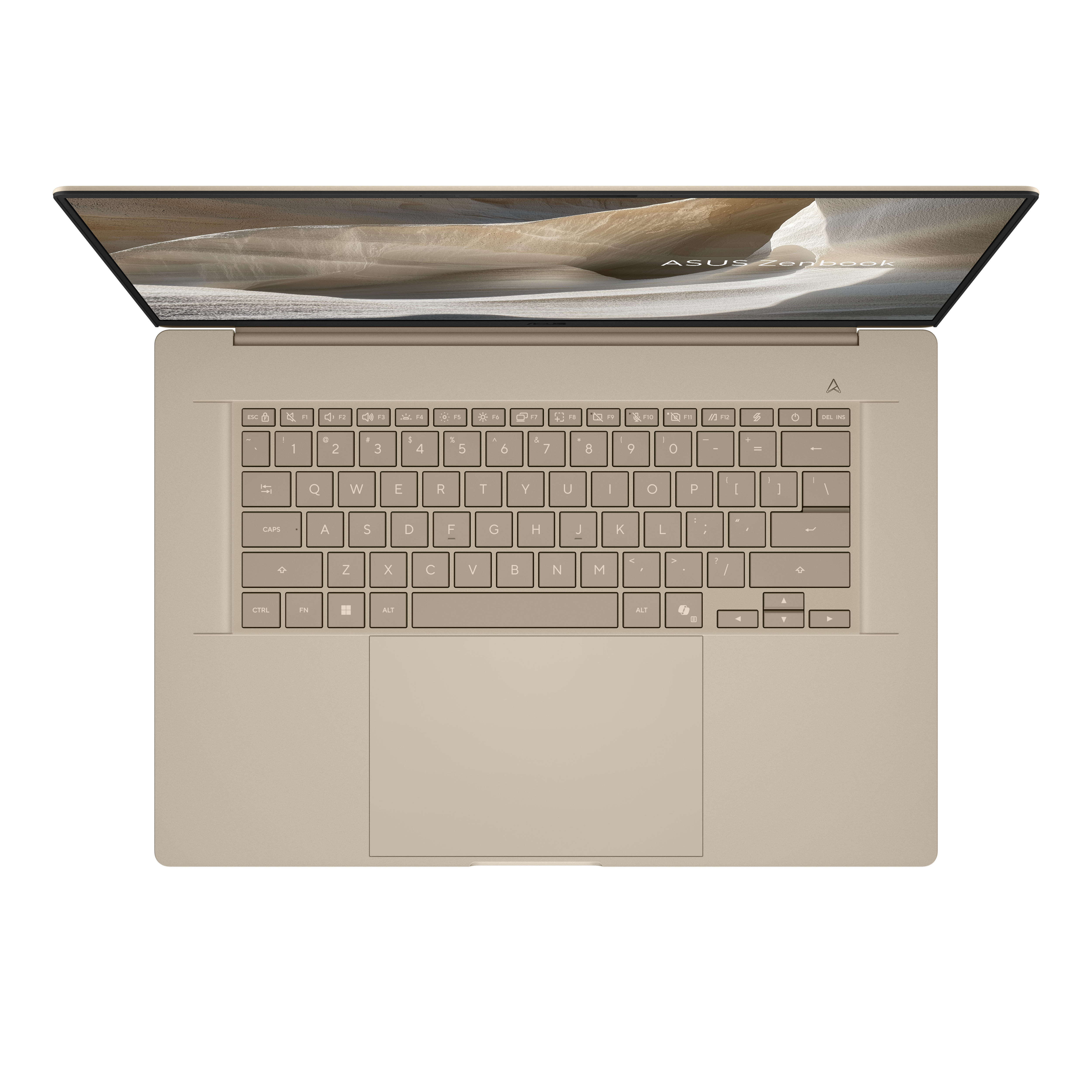 Ein hellbrauner Laptop mit geöffnetem Bildschirm, der das ASUS Zenbook-Logo zeigt.