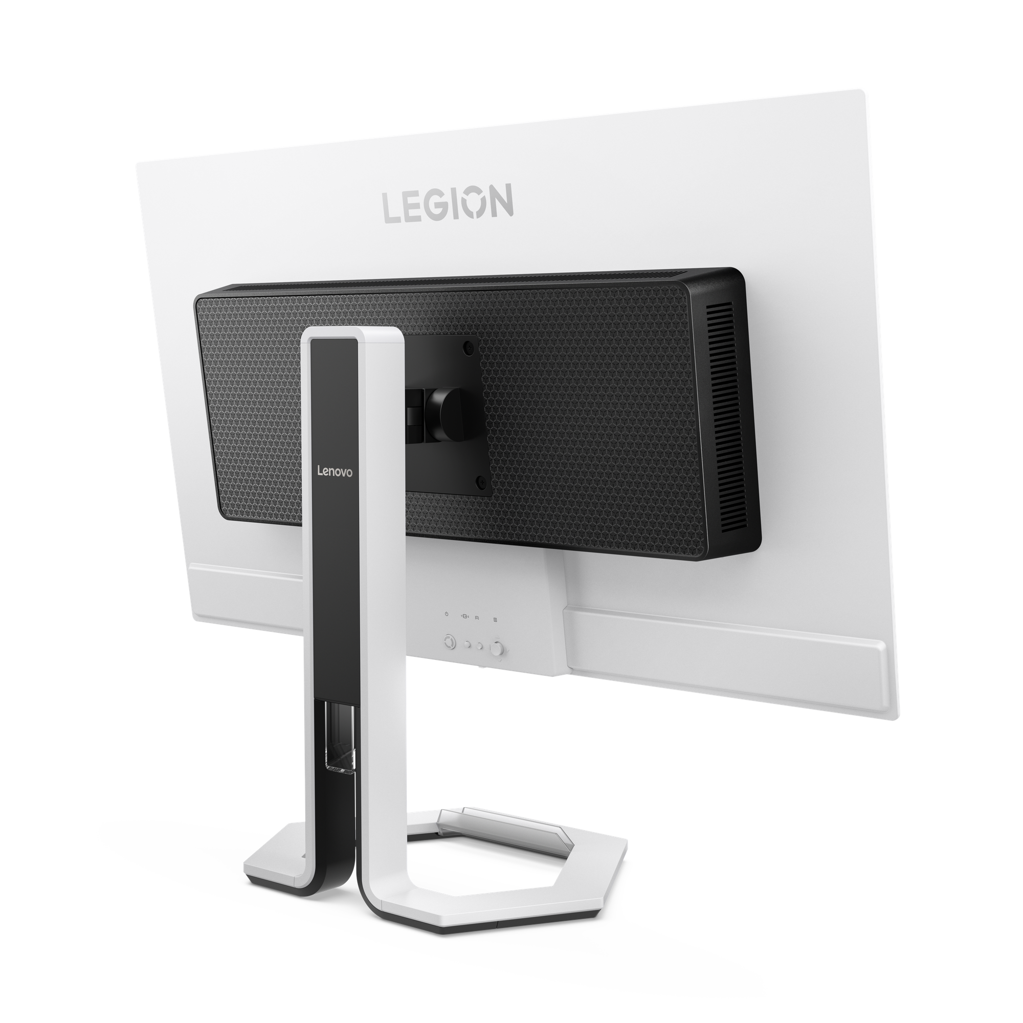 Widok z tyłu białego monitora Lenovo Legion z czarnym stojakiem i kratką wentylacyjną.