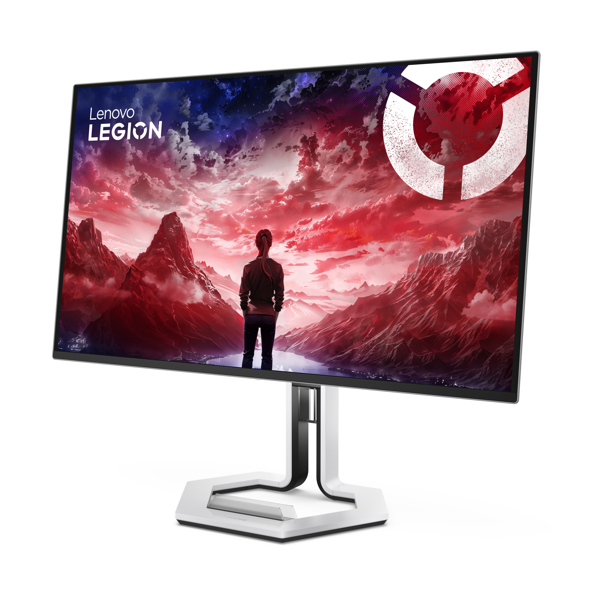 Monitor Lenovo Legion z postacią patrzącą na dramatyczny krajobraz górski.