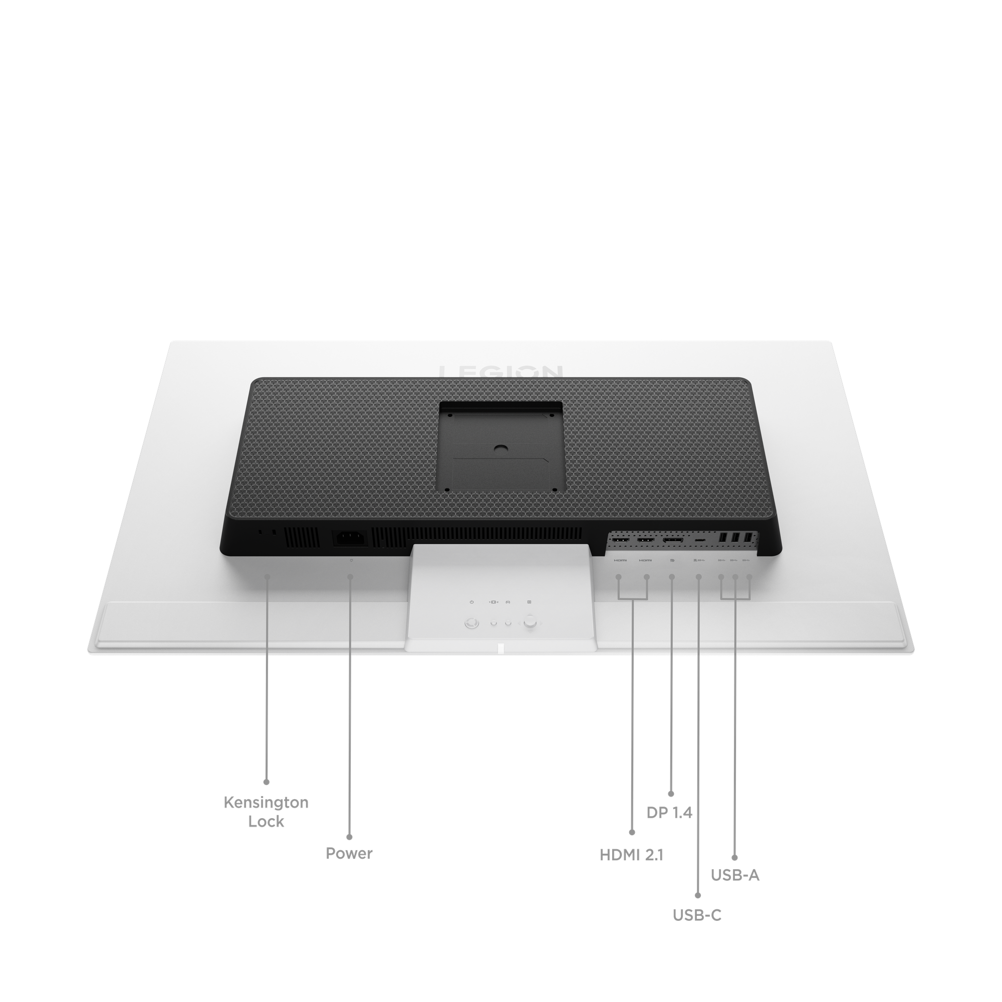 Tył białego monitora z portami: Blokada Kensington, Zasilanie, HDMI, DP 1.4, USB-A, USB-C.
