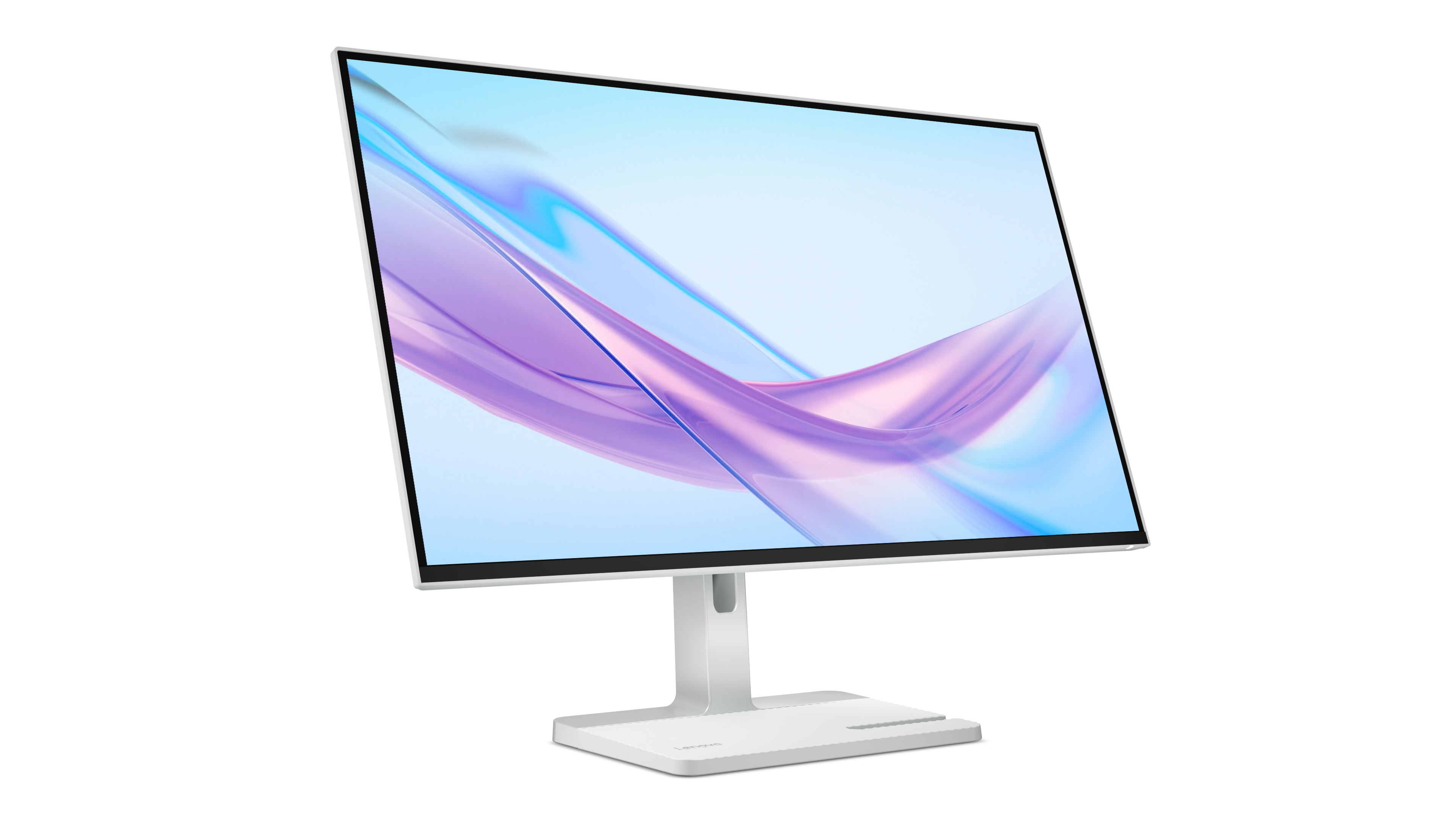 Ein weißer Monitor mit einem abstrakten, fließenden Bild auf dem Bildschirm.