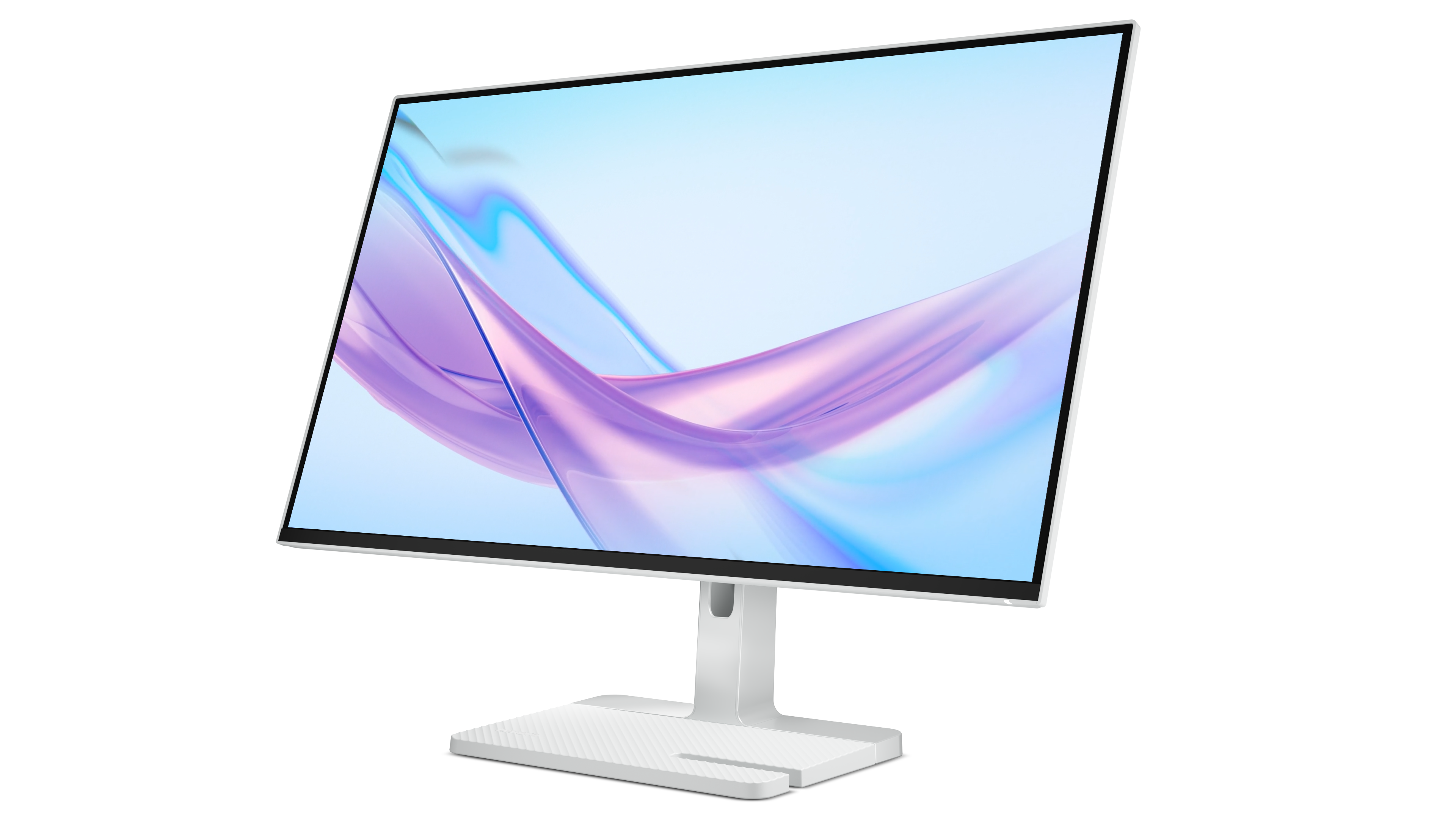 Ein moderner weißer Computermonitor mit einem abstrakten blauen und lila Muster auf dem Bildschirm.
