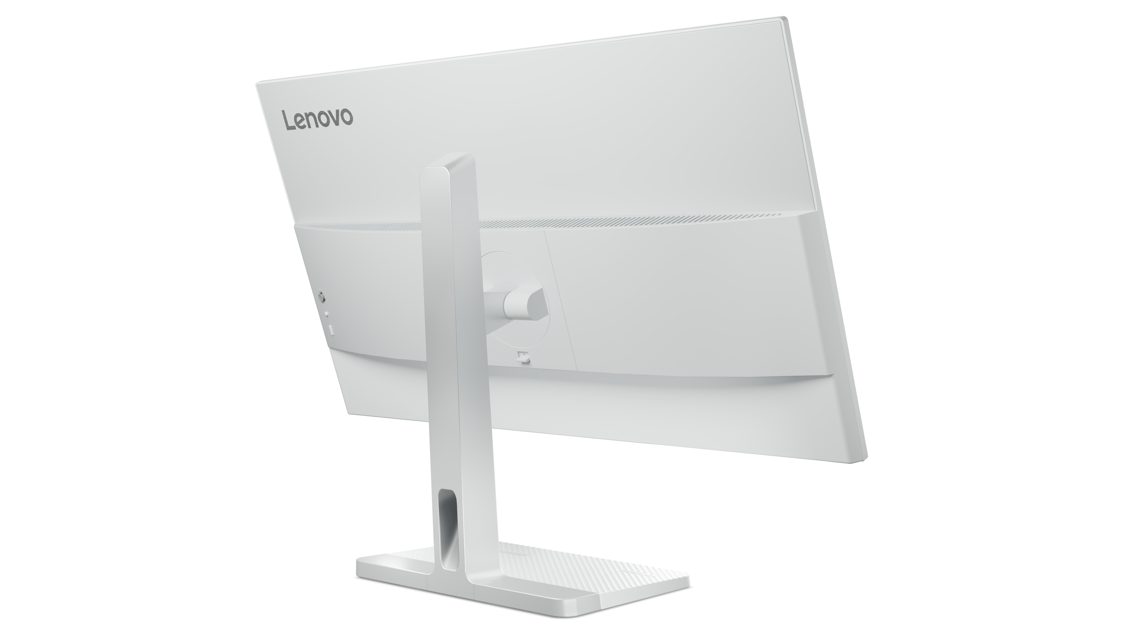 Rückansicht eines weißen Lenovo Monitors mit silbernem Logo und einem schlanken Standfuß.