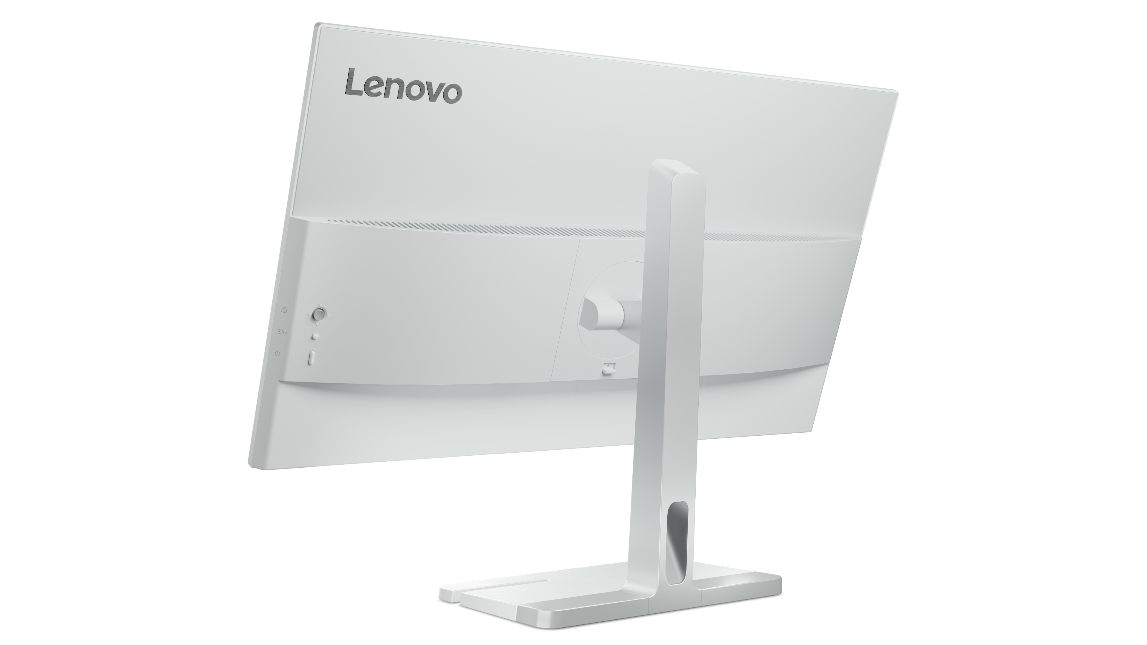 Rückseite eines weißen Lenovo Monitors mit silbernem Standfuß und Anschlüssen.