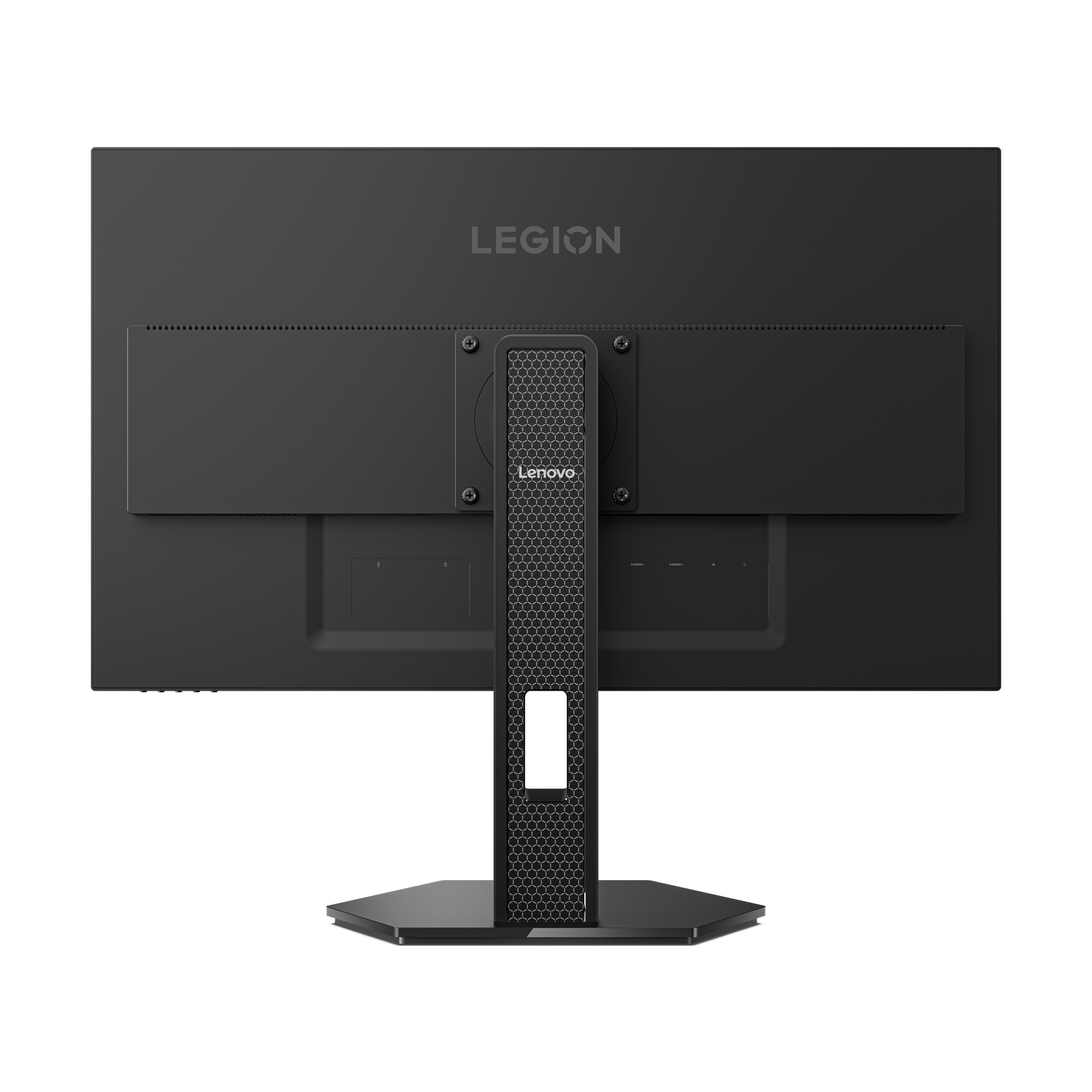 Tył czarnego monitora z srebrnym logo Lenovo i stojakiem w kratkę.