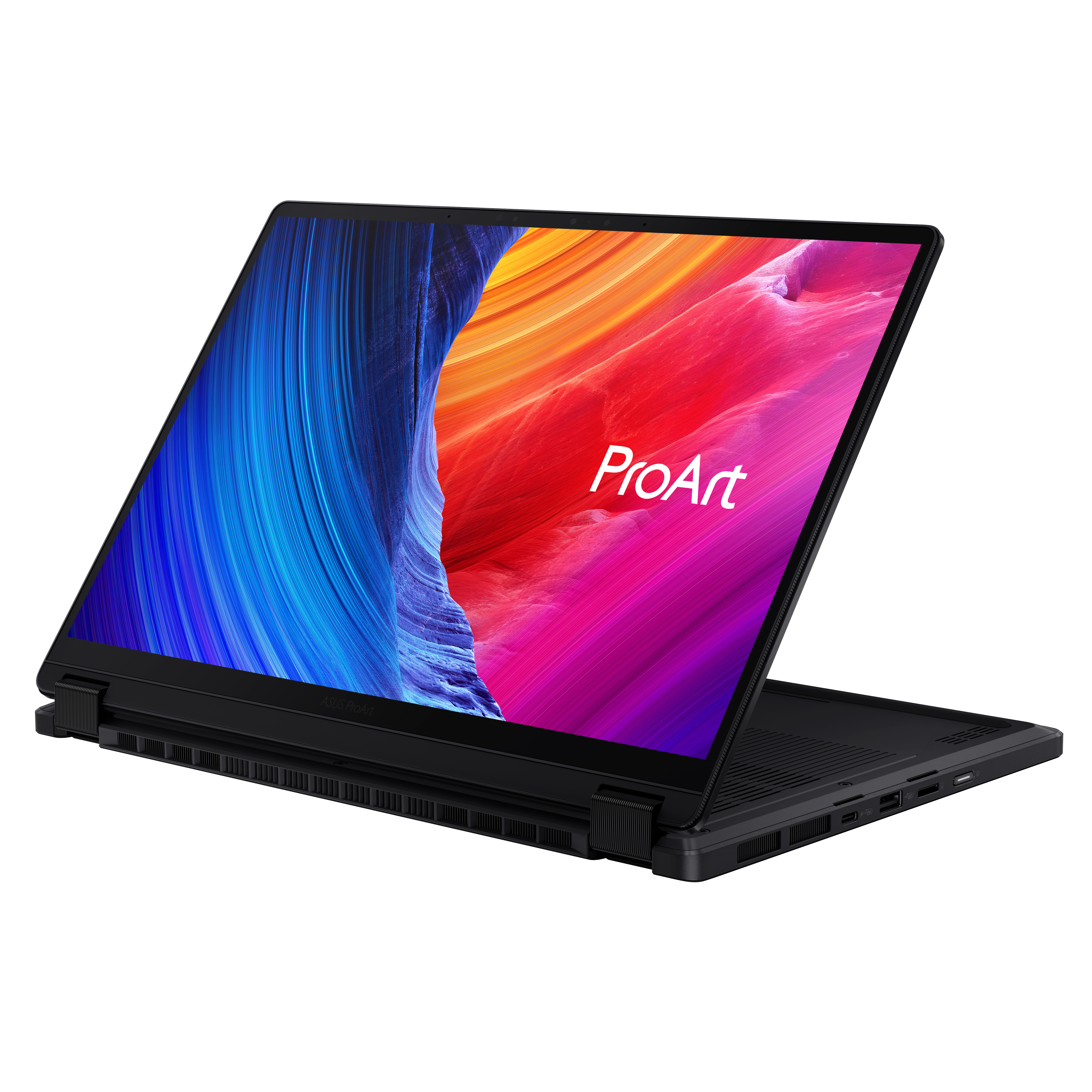 Ein schwarzer Laptop mit geöffnetem Bildschirm, der ein buntes Muster zeigt.