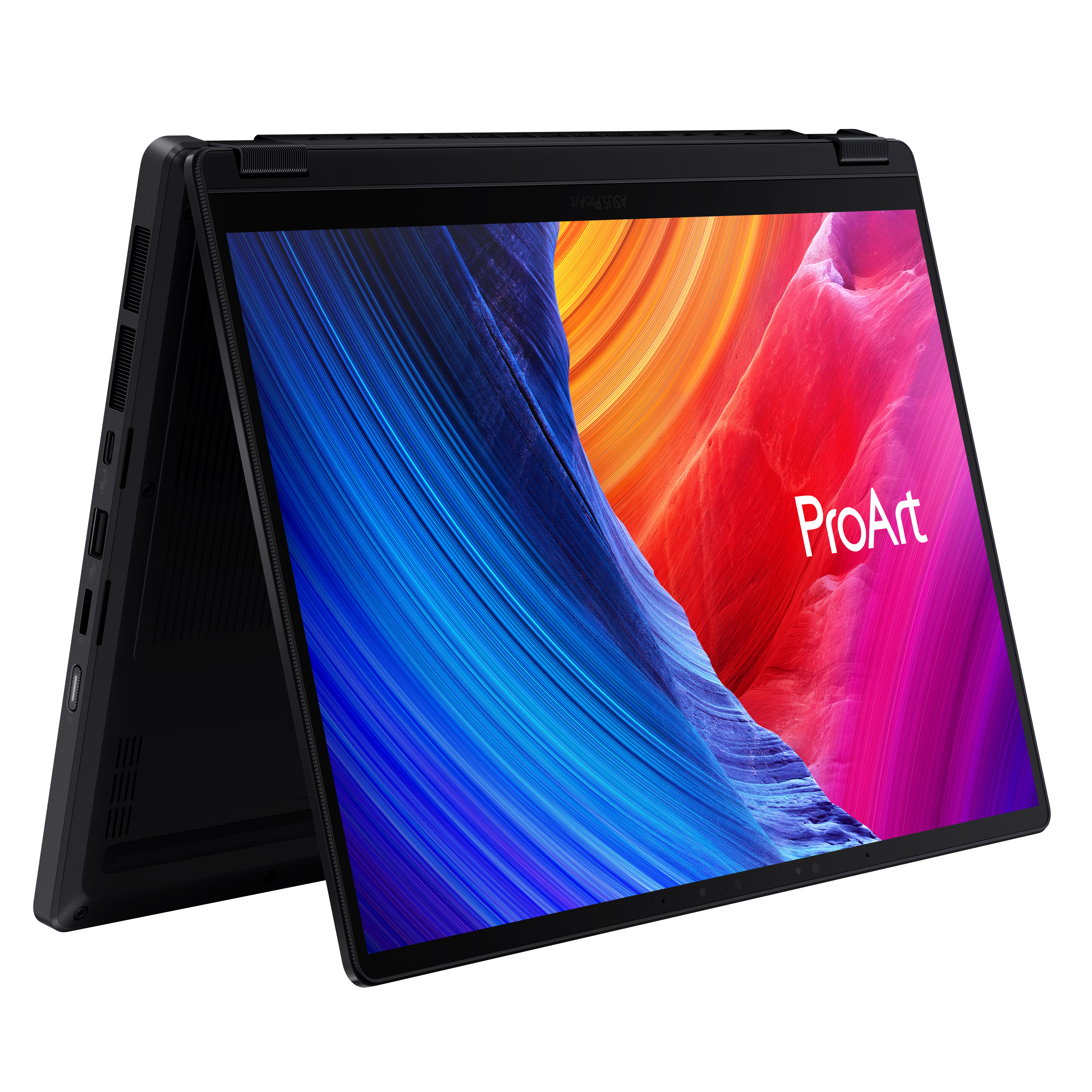 Ein schwarzer Laptop mit einem bunten Bildschirm, der "ProArt" anzeigt.