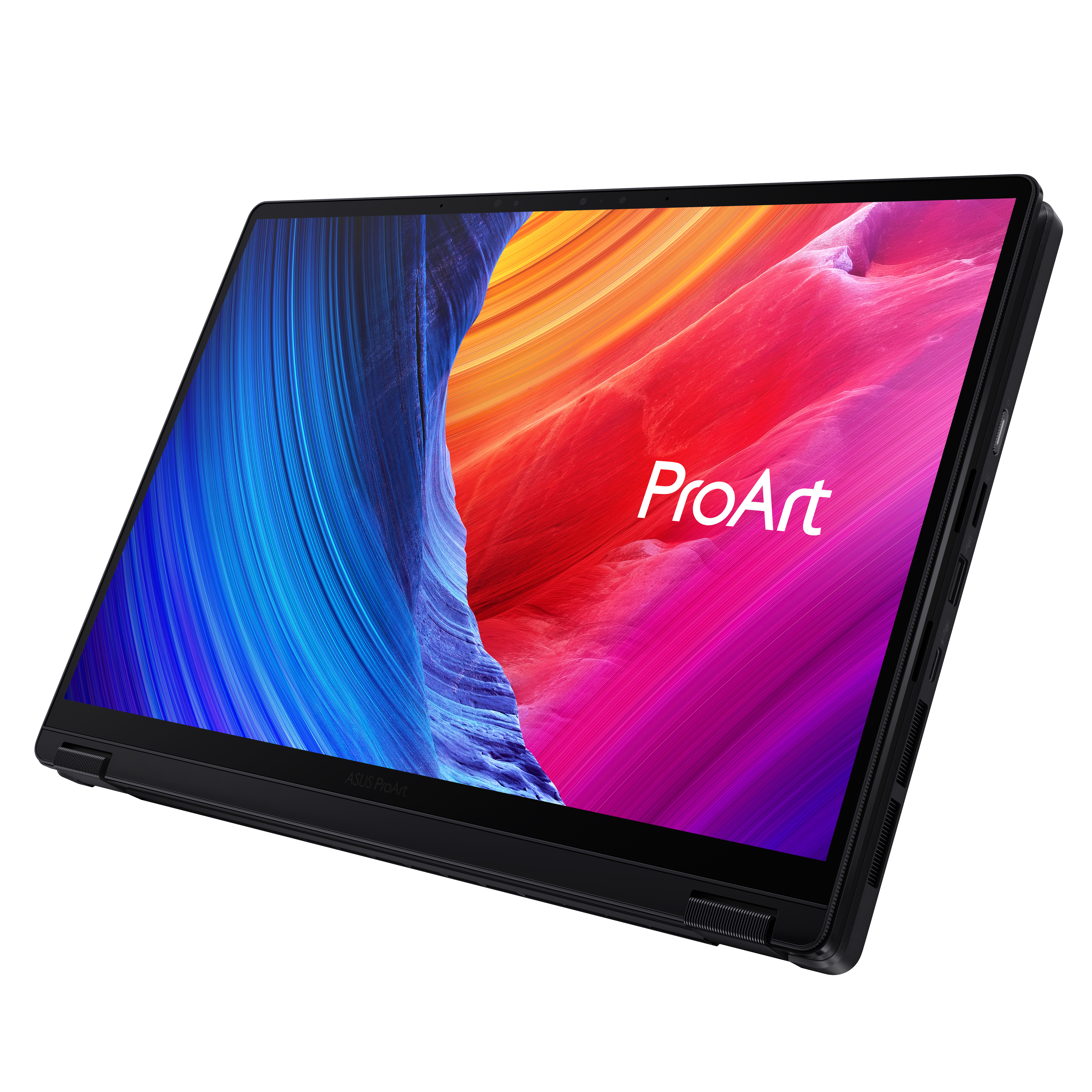Ein offener schwarzer Laptop mit einem bunten Hintergrundbild, das „ProArt“ anzeigt.