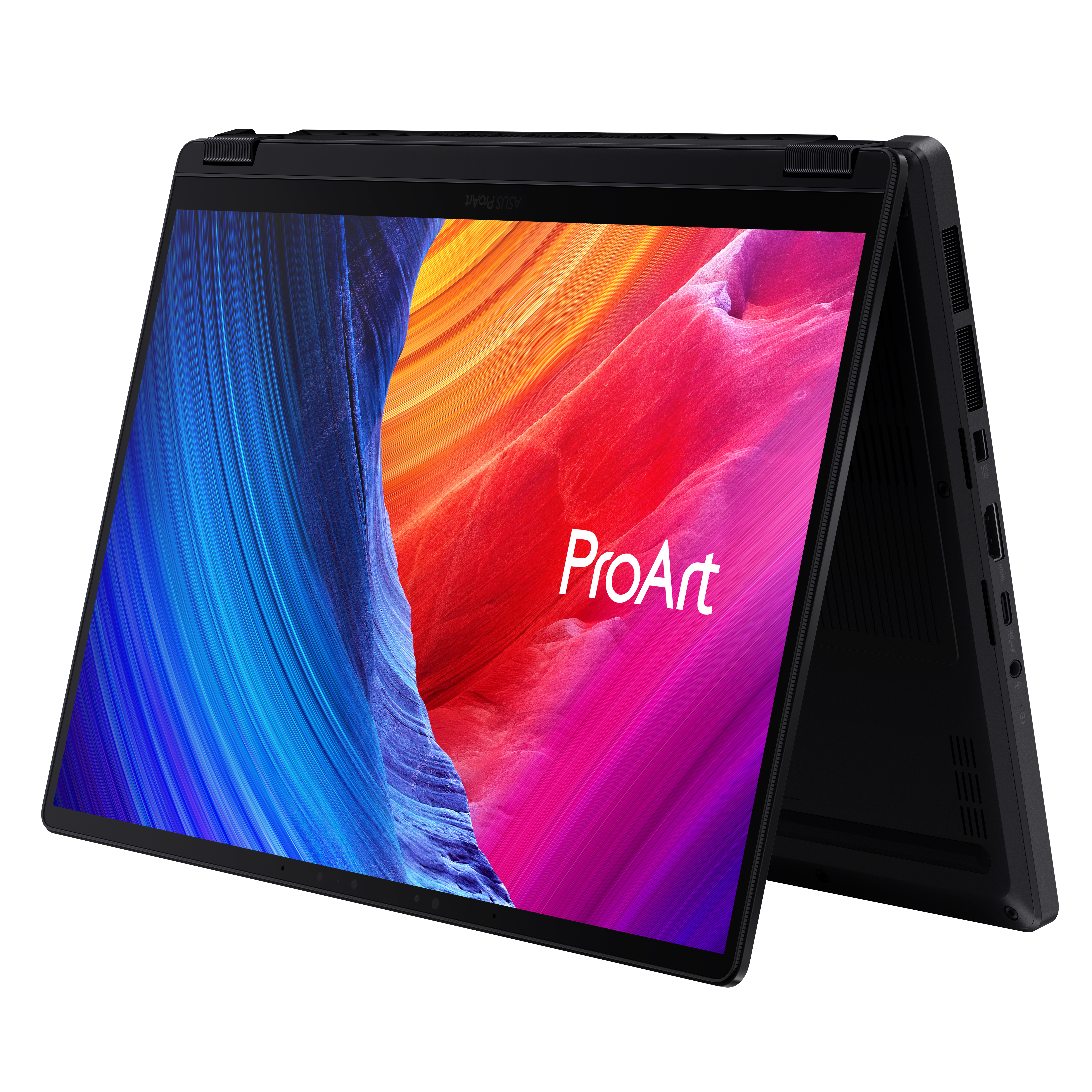 Ein schwarzer Laptop mit ProArt-Logo auf dem Bildschirm, der bunte Wellen zeigt.